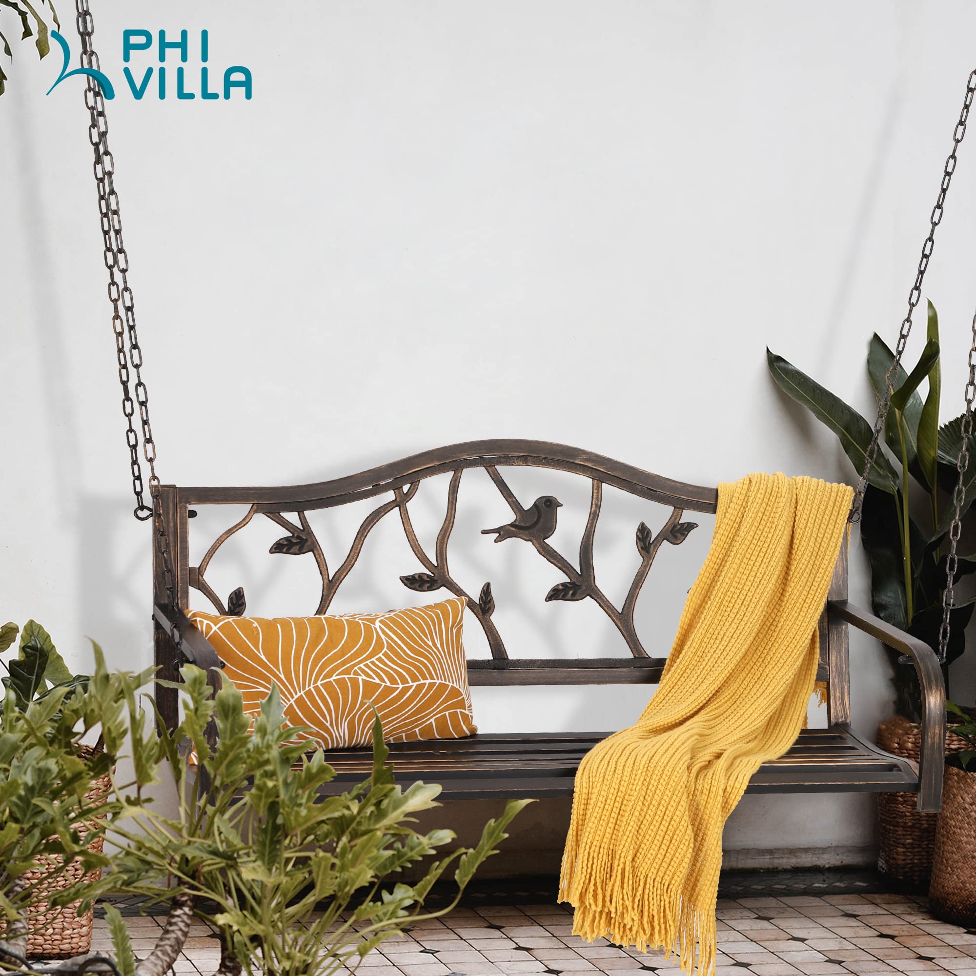 Phi Villa Outdoor Metal Porch Swing Outdoor Steel Hanging Swing