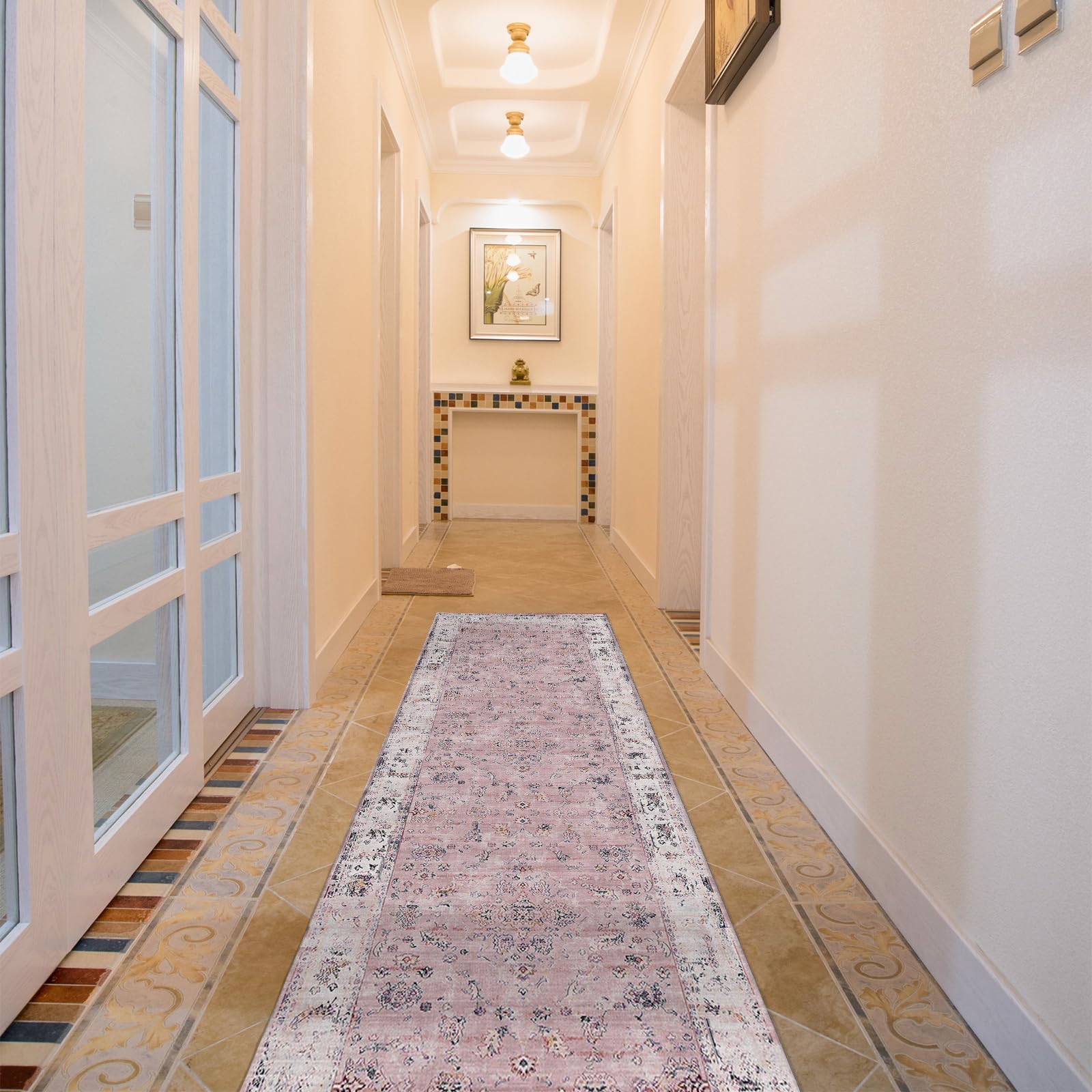CXTAI Vintage Boho 60x180cm (2x6ft) Long Carpet Runners for Hallways Kitchen Laundry Entryway Non-Slip Machine Washable - Pink Style - Image 2