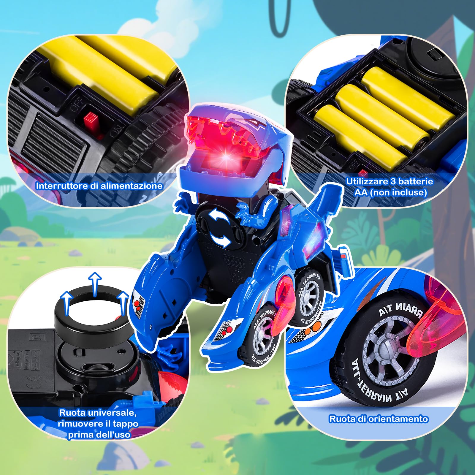 Yellcetoy Dinosauri Transform Giocattoli, Macchina Dinosauri con Musica e Luci, Auto Dinosauro Dino Giocattolo Regali di Natale Compleanno per Bambini Ragazzi 3 4 5 6 7 anni Blu