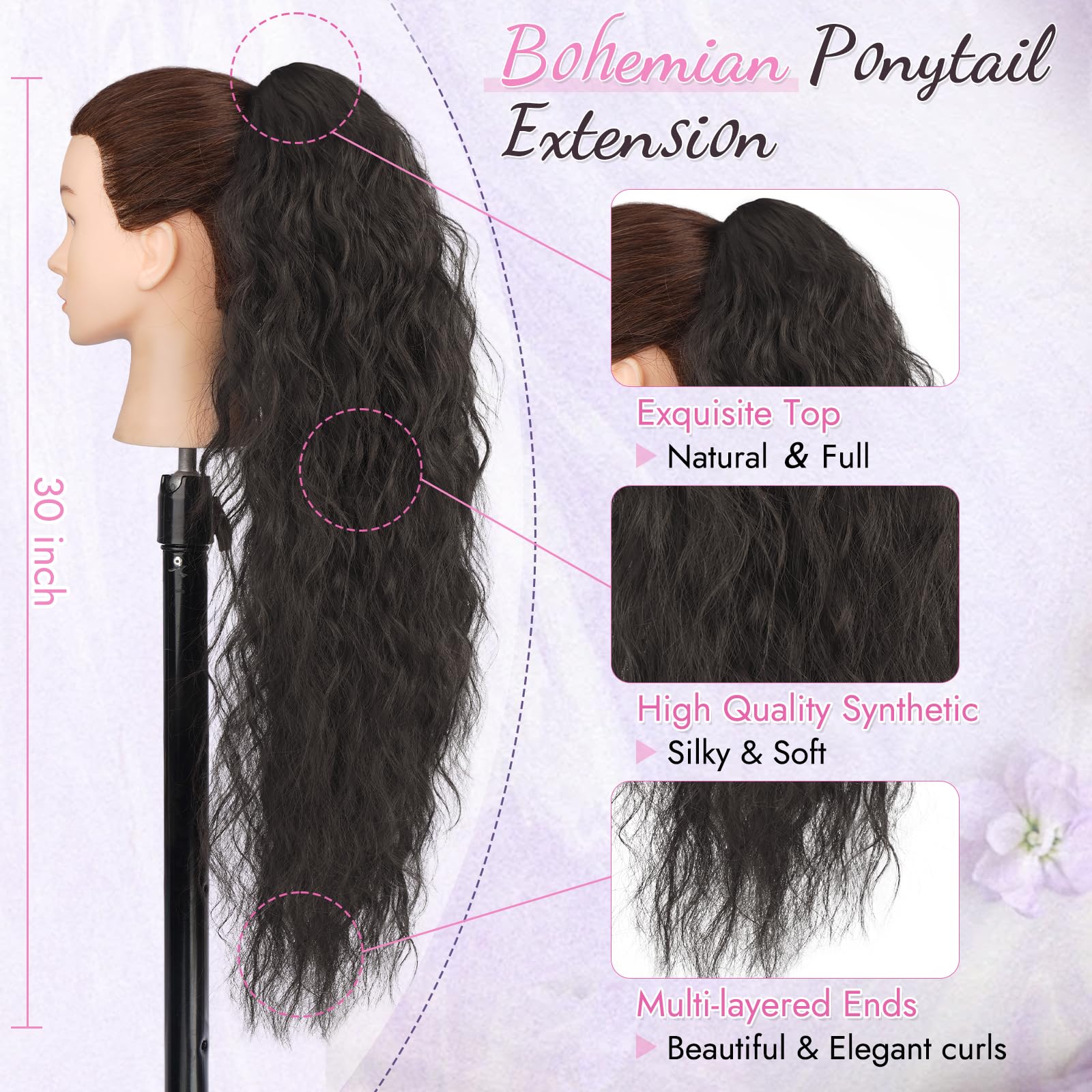 RUWISS Coda Capelli Extension con Pinza - Coda Finta Capelli Ricci Ondulati 76 cm Extension Capelli Coda Lunga Sintetici Coda di Cavallo per Donne, Marrone Nero