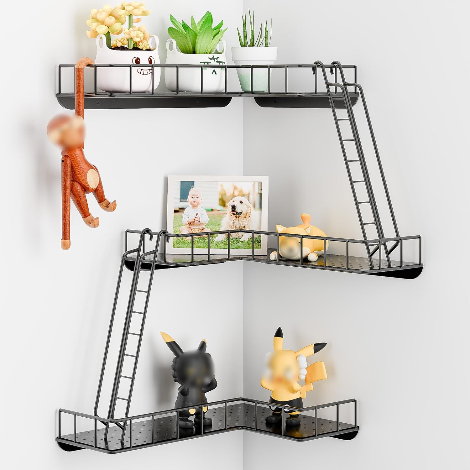 Fire Escape Wall Shelf - Modern City Style 4-Tier Corner Wall Shelves, Easy to Install Metal Ladder Shelf for Figures, New York Decorative Shelves for Bathroom, Living Room&Home Decor,Coffee