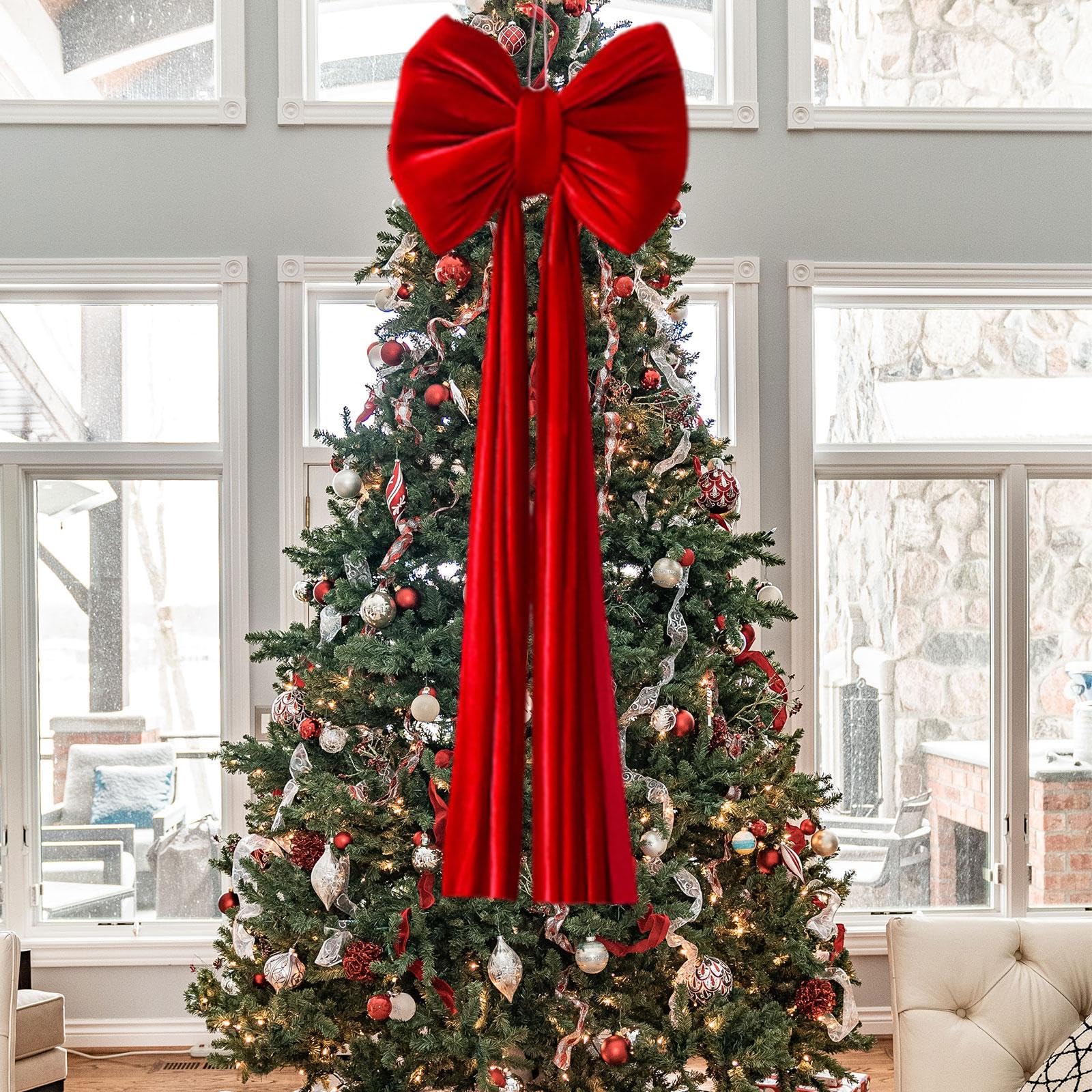 Fiocco Di Natale in Velluto, Fiocco Gigante per Albero Di Natale 80 * 40 Cm, Decorazioni Natalizie per Ghirlande Su Porte, Davanzali, Caminetti, Scale, Matrimoni- Rosso