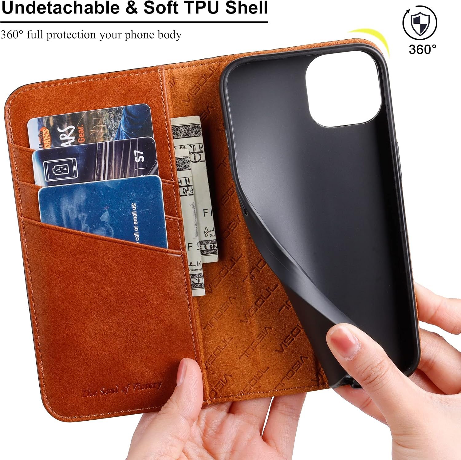 VISOUL Case for iPhone 15 Real Leather Wallet Case, Carbon Fiber Leather Flip Folio Cover with Card Holder Kickstand Magnetic Designed for iPhone 15 (6.1-inch)-Black+Orange