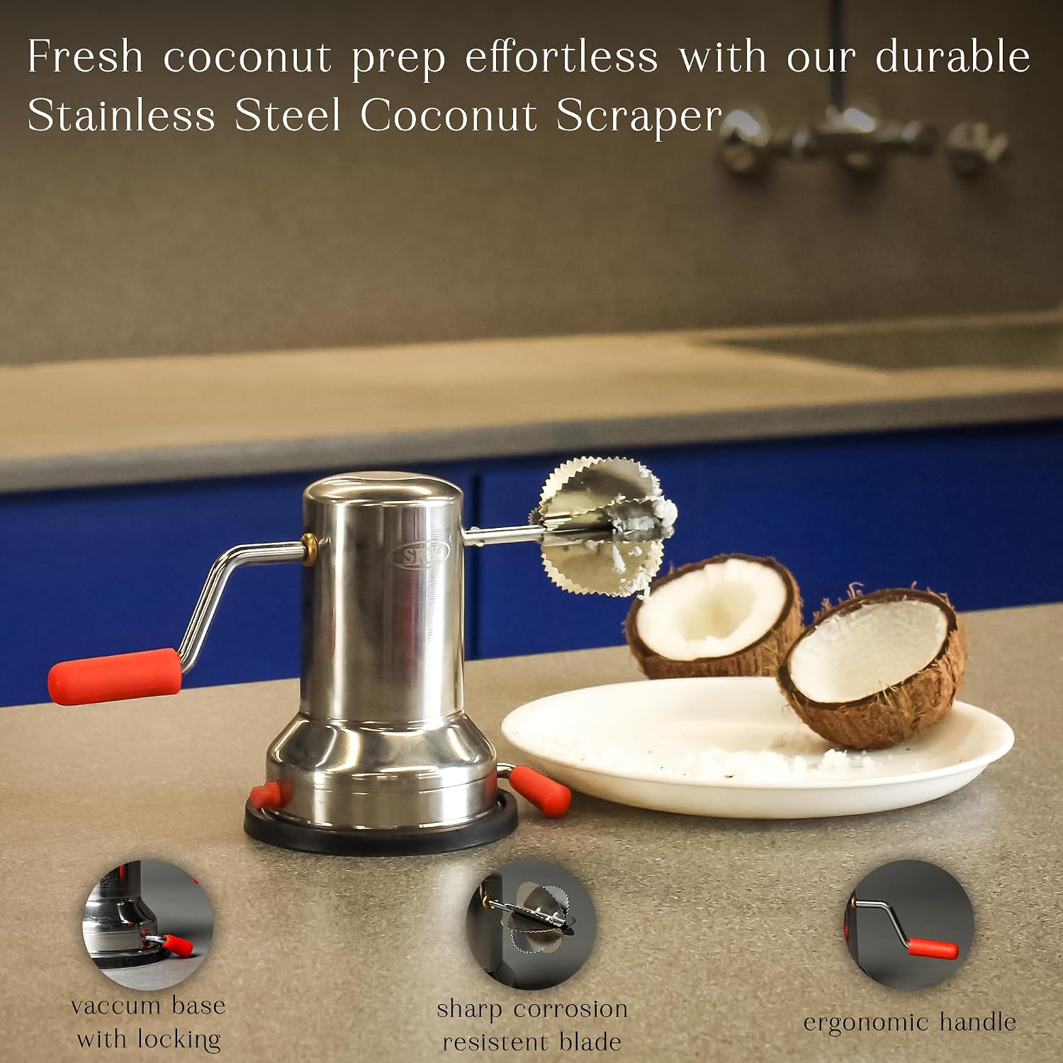 Free Extra Cutter- Stainless Steel Coconut Scraper,Shredder with Vacuum Base, Hand Operated Grater,Cutter, Kitchen, For Gift Purpose