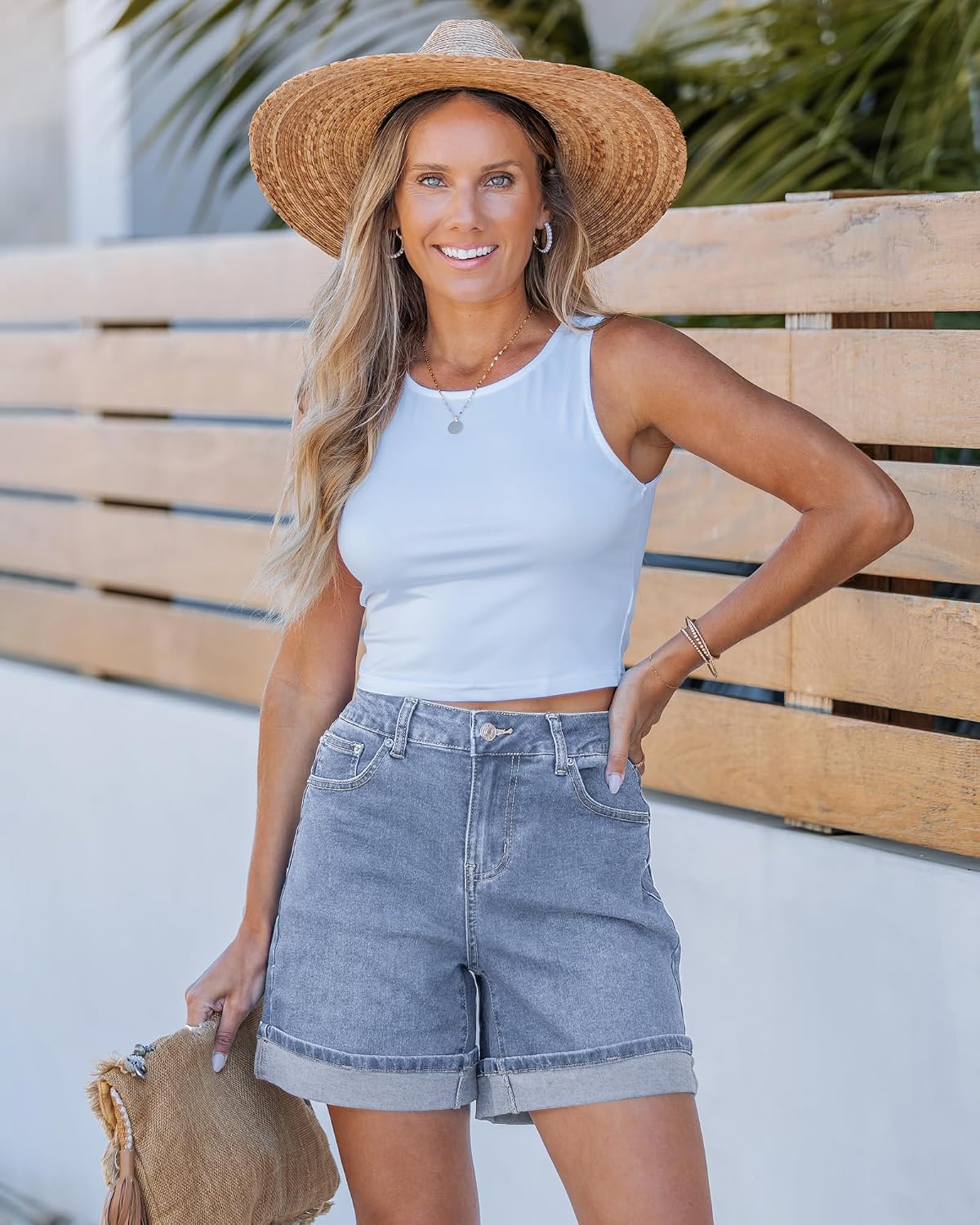 luvamia Jean Shorts for Women Trendy High Waisted Mid Thigh Fold Hem Cutoff Casual Summer Stretchy Denim Shorts Jorts