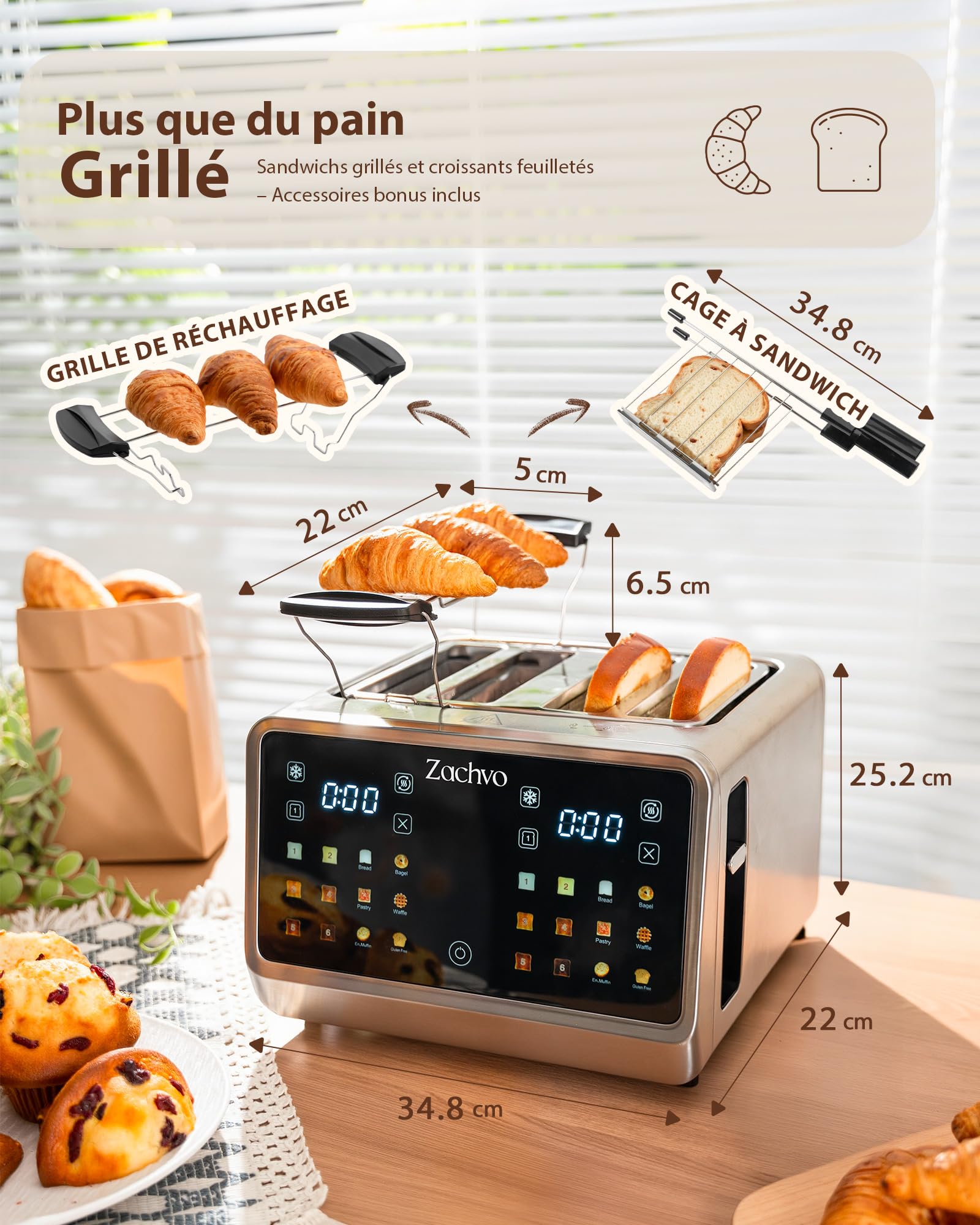Grille-Pain 4 Tranches en Acier Inoxydable, Grand Écran Tactile, 2 Zones Indépendantes, Fentes Extra-Larges 3,7 cm, 6 Programmes, Support Viennoiseries et Pinces à Sandwich