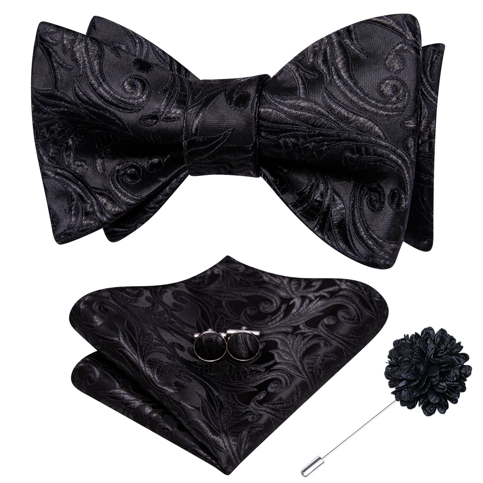 Dubulle Mens Black Floral Bow Ties and Lapel Black Self Tie Bowties and Pocket Square Cufflinks, Medium
