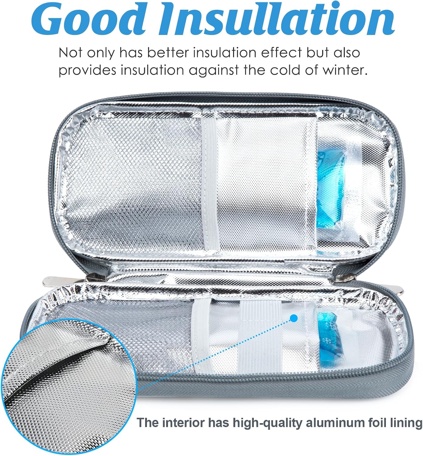 Close-up of the YOUSHARES Insulin Cooler Travel Case interior showing aluminum foil lining