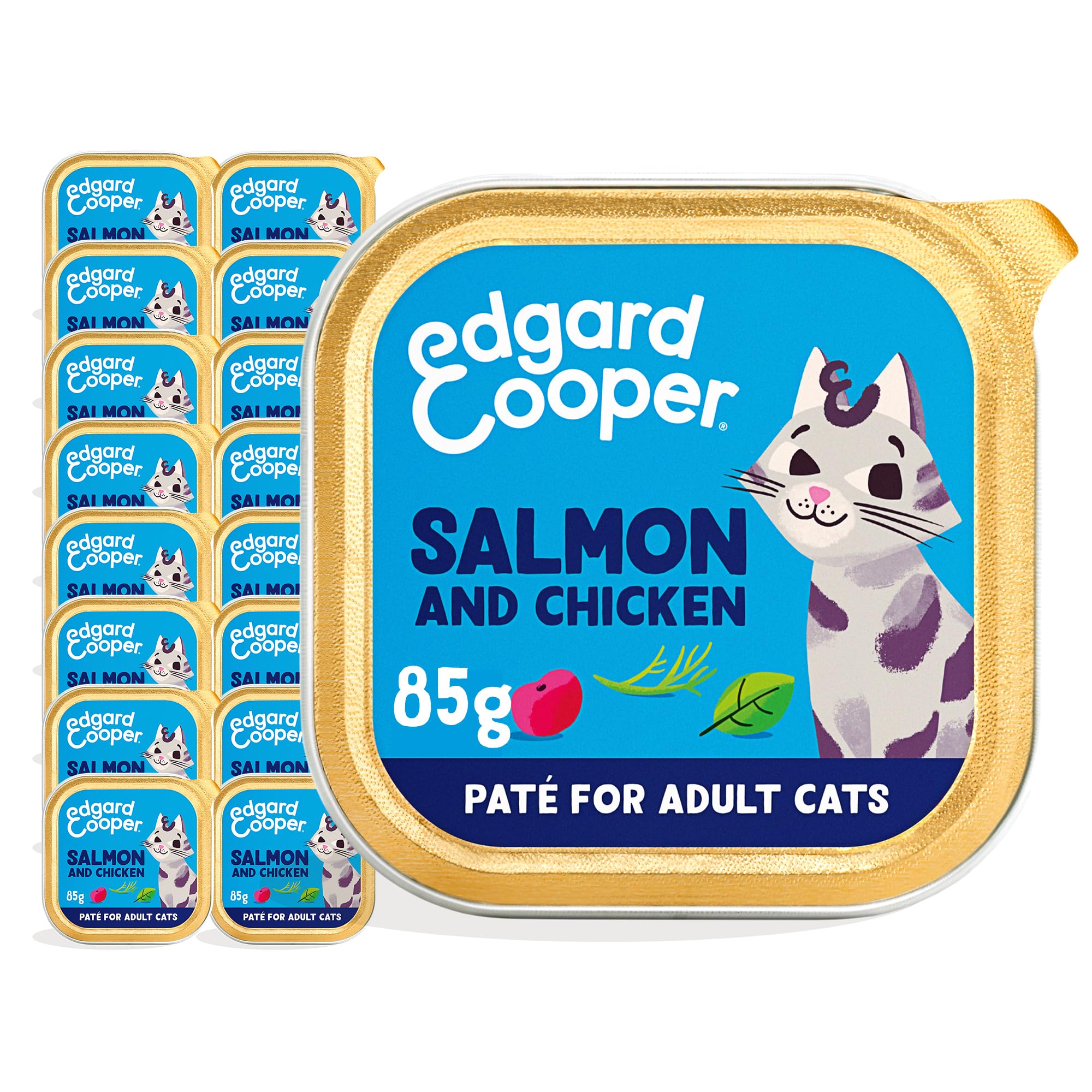 Edgard & Cooper Comida humeda Gatos, Adultos, (Salmón & Pollo, 85g x 16), Pate Gatos, Pienso Gatos Esterilizados y Activos, Sin Cereales, Ingredientes Naturales, Carne Fresca, Hipoalergénico,