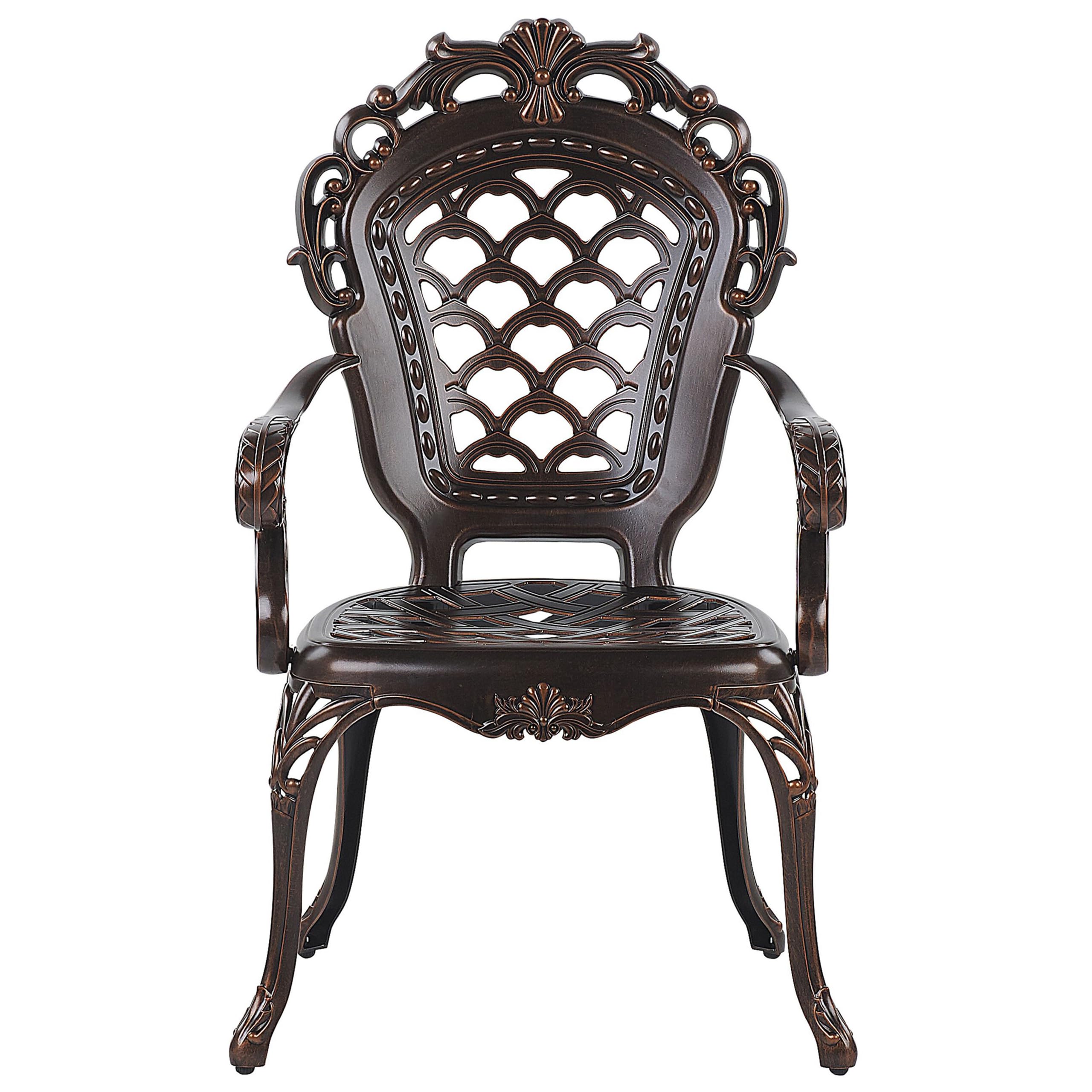 Lot 2 CHaises de Jardin en Aluminium Effet Métal Vieilli Marron Cuivré avec Accoudoirs et Dossier Décoratifs pour Jardin ou Terrasse Classique Beliani