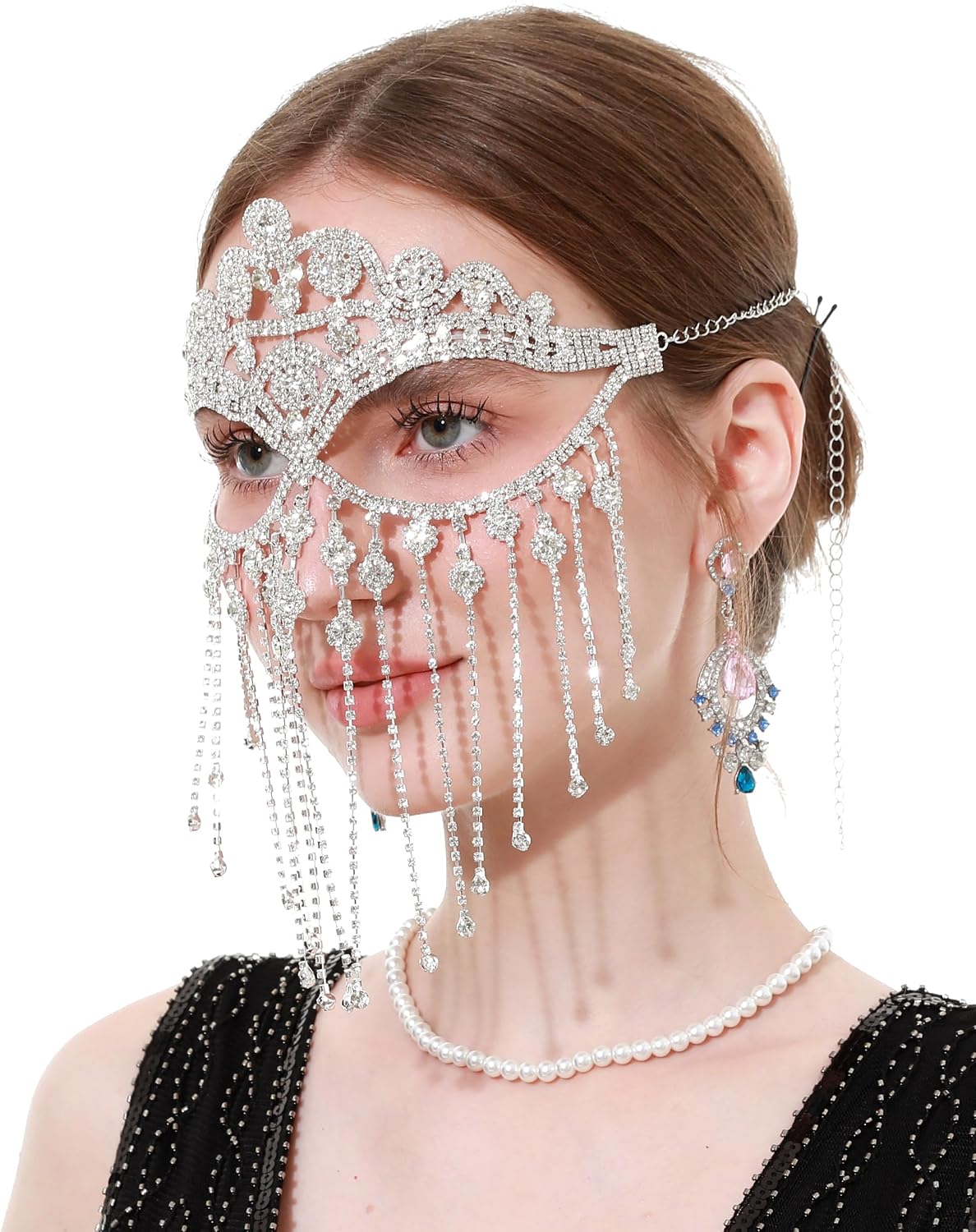 LA CARRIE Rhinestone Masquerade Face Mask Fringe Veil for Women Crystal Jewelry Tassel Chain for Halloween Party Costumes