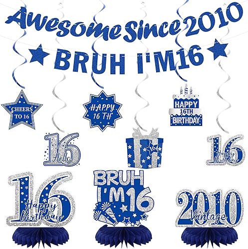 Crenics Decoraciones azules de cumpleaños número 16 para niños, pancarta impresionante desde 2010, pancarta de Bruh I'm 16, centros de mesa de panal