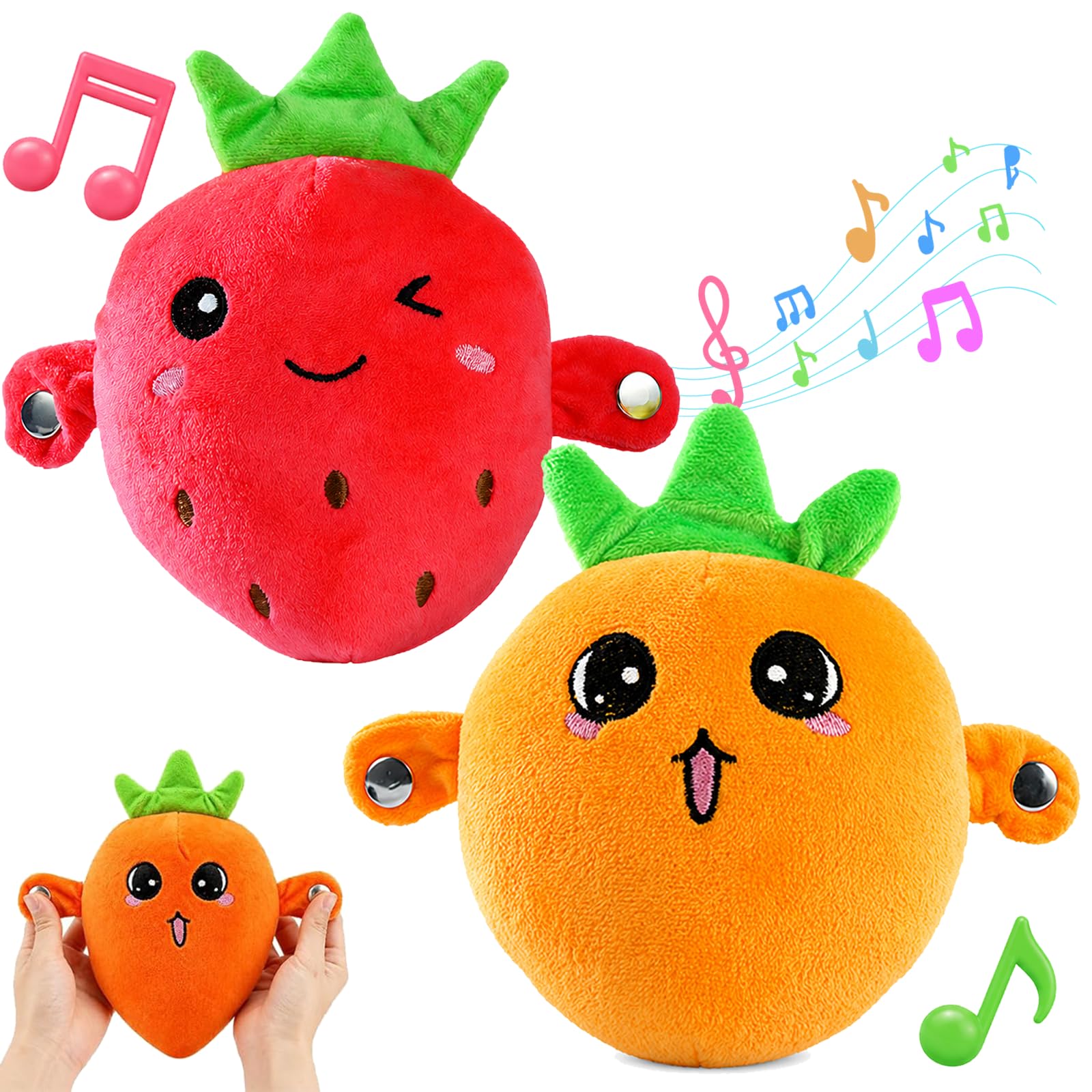 LLELEMAMO Interactive Music Plush Toy, Touch Activated Sensory Fruit Toy for Kids & Adults, Dual-Mode Skin-to-Skin Musical Interaction, Soft Carrot Stuffed Animal Gift for Boys Girls (2Pcs-A)