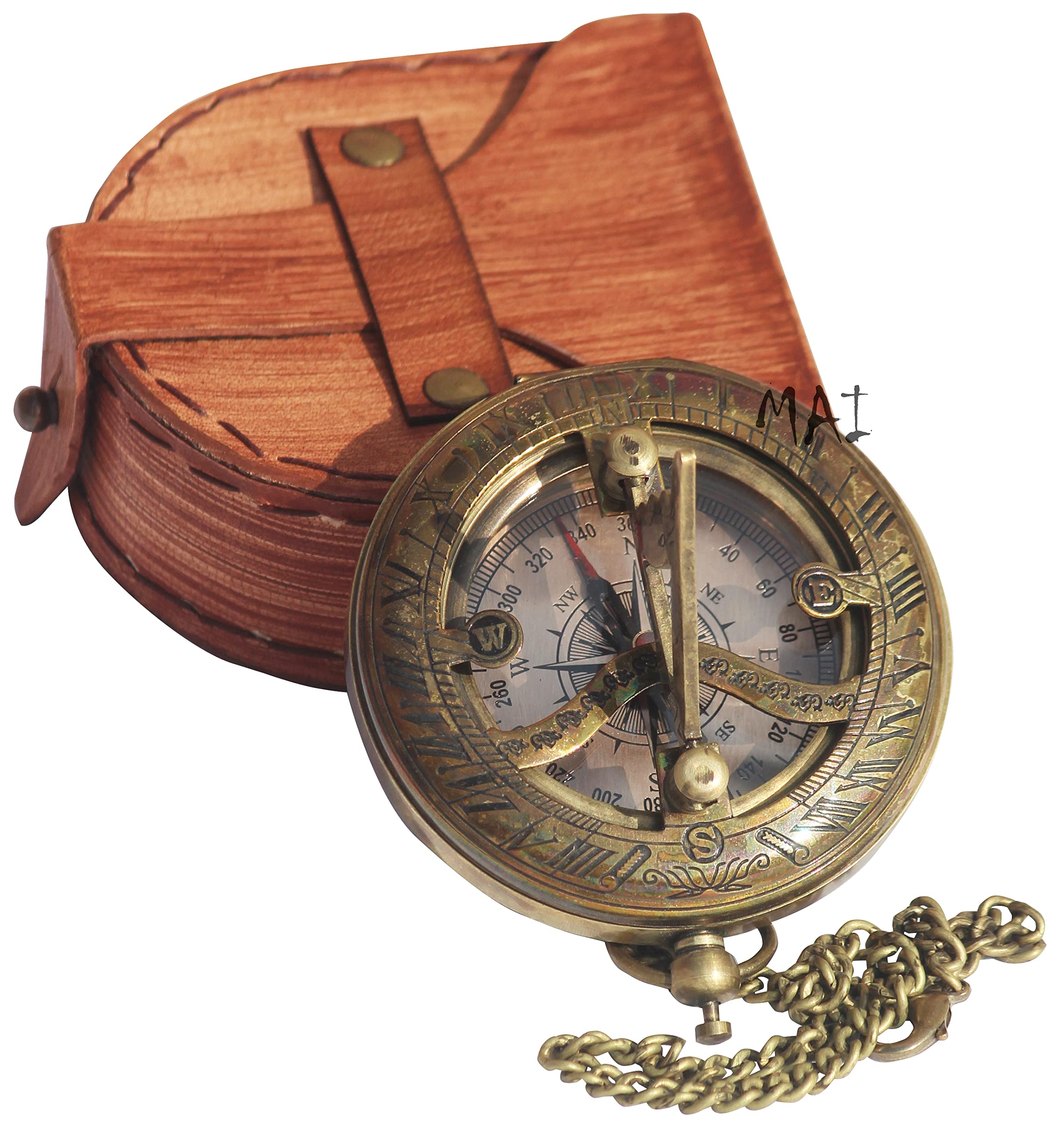 Brújula para reloj de sol de latón con carcasa de cuero y cadena, brújula abierta push-open, accesorios steampunk, estilo vintage antiguo, para camping, senderismo, bonito regalo hecho a mano, reloj