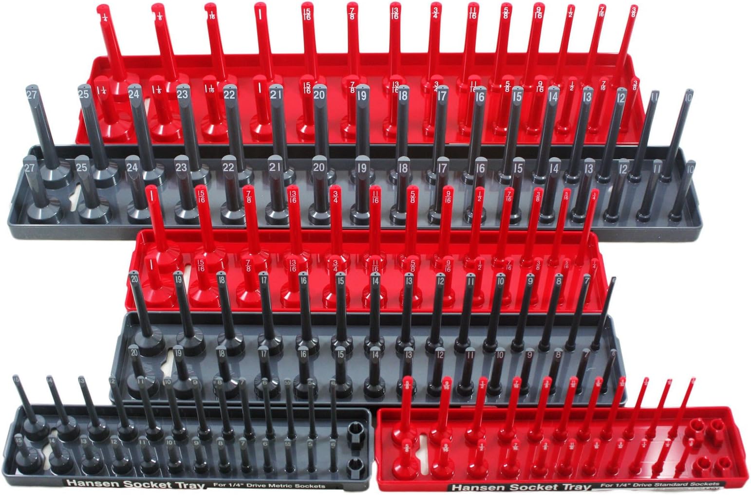 Hansen Global 92000 SAE & Metric, 2-Row Socket Tray Set - 6-Pieces, Red & Grey