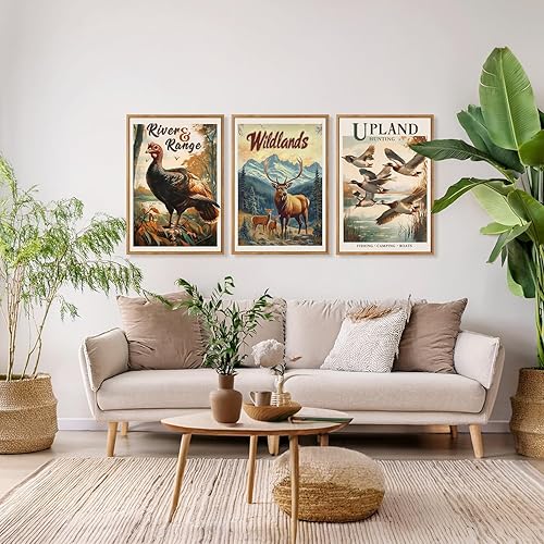 Miniatura 5 de HOURIA Juego de arte de pared grande de lienzo con marco de caza retro, ciervos, ciervos, alces, pato malardo, caza, guardería, decoración rústica