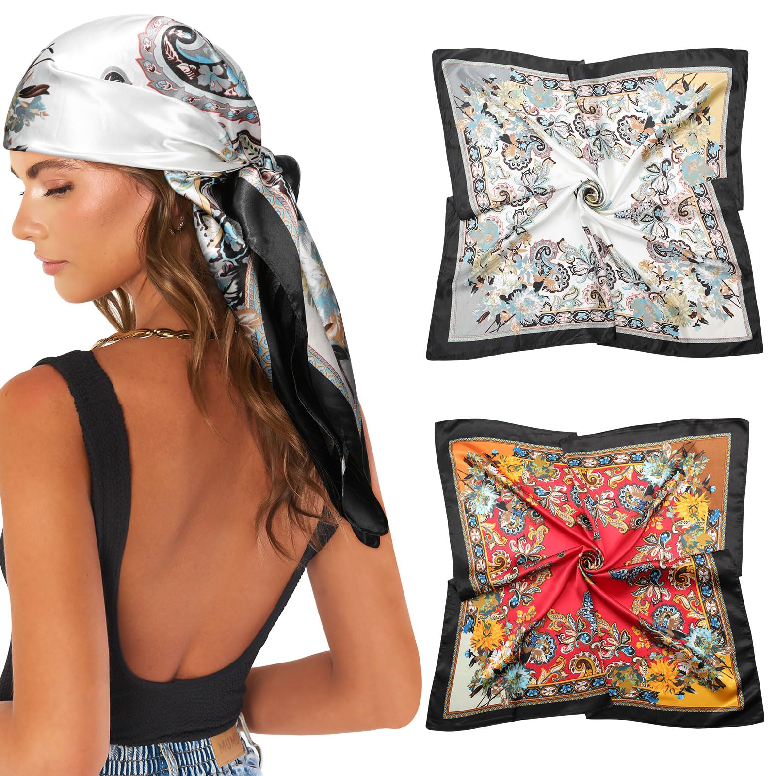 AWAYTR 35” Large Satin Square Head Scarf - 2Pcs Silk Like Floral Head Scarves Square Satin Hair Scarf Bandanas for Women