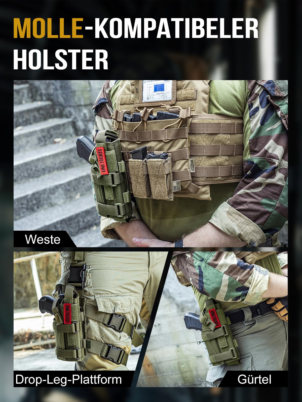 OneTigris Pistolenholster für Rechtshänder – Verstellbares 1000D Nylon MOLLE Bein- & Gürtelholster – Kompatibel mit gängigen Full-Size & Compact Pistolen – Für Airsoft, Paintball & Taktisches Training