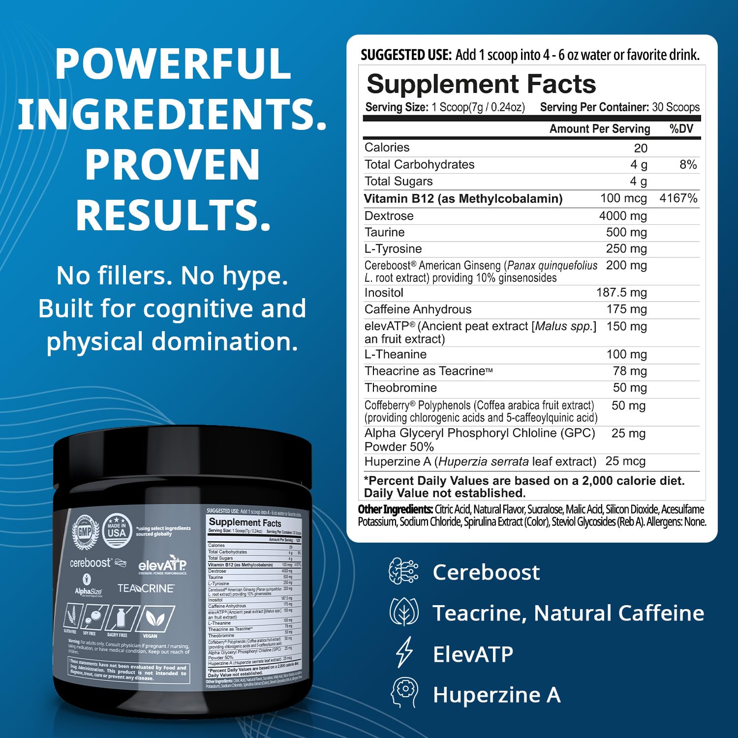 (inv) Granite Nutrition GigaBrain Nootropic Energy Powder – Cereboost, Alpha-GPC & ElevATP – Cognitive Focus Supplement for Sustained Energy & Performance – Blue Crush, 30 Servings