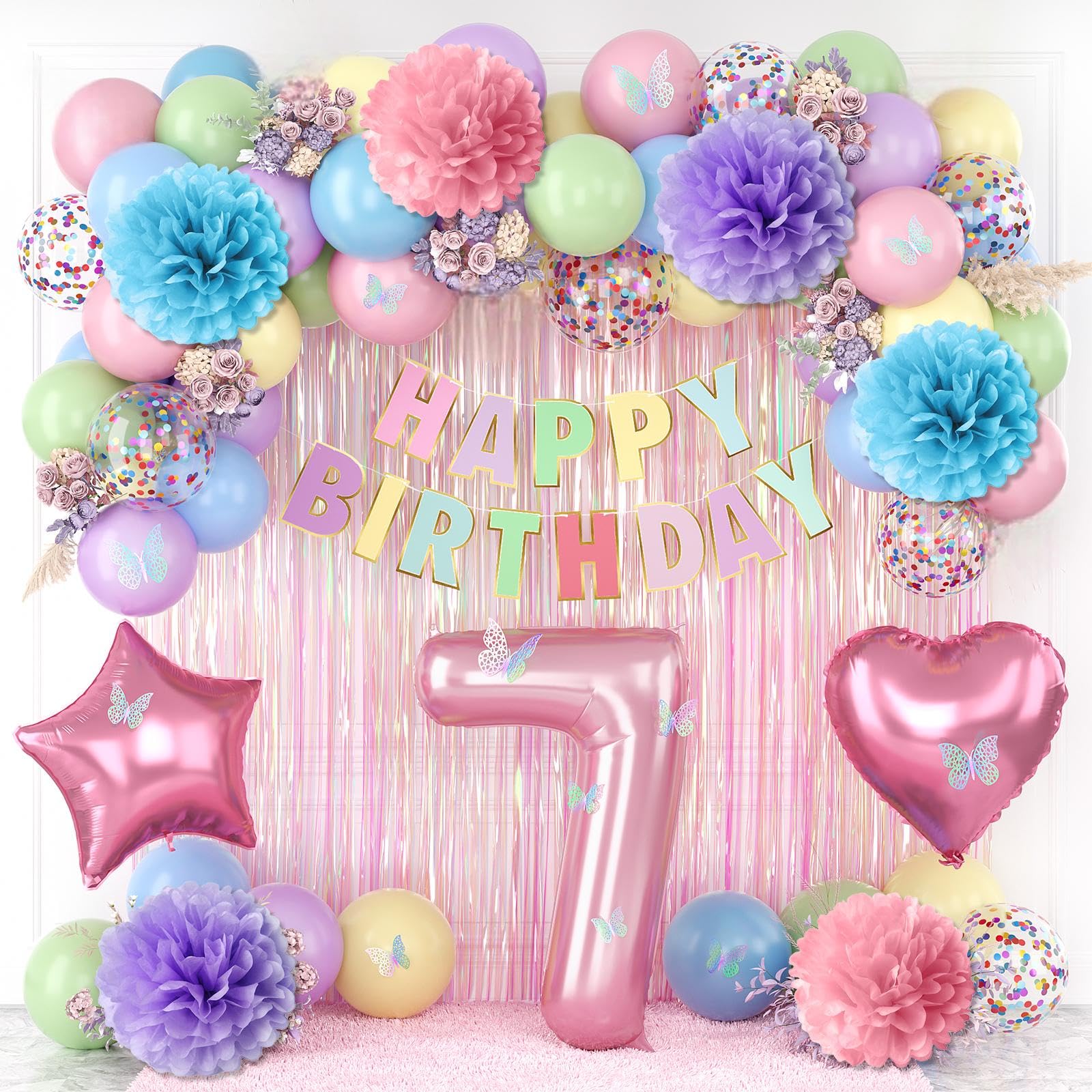 Pastel 7th Birthday Colorful Party Decorations Girls Pink Number 7 Balloon
