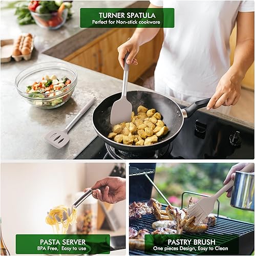 Miniatura 3 de HOTEC Utensilios de cocina de silicona resistentes al calor, juego de utensilios de cocina, juego de espátula, sin BPA, utensilios de cocina, con