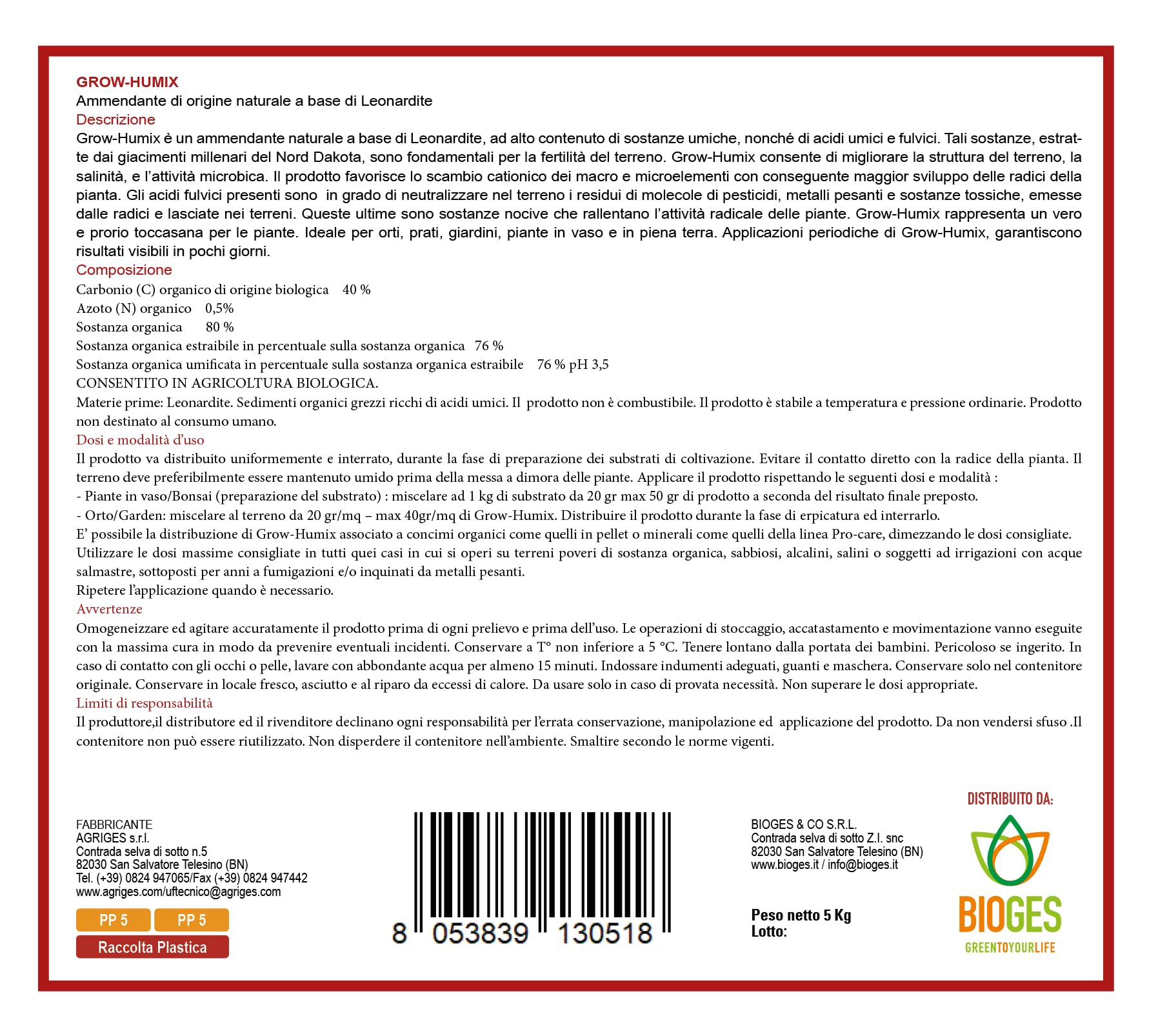 Acidi umici HUMITE 100% Leonardite ammendante e concime biologico - Kg. 5