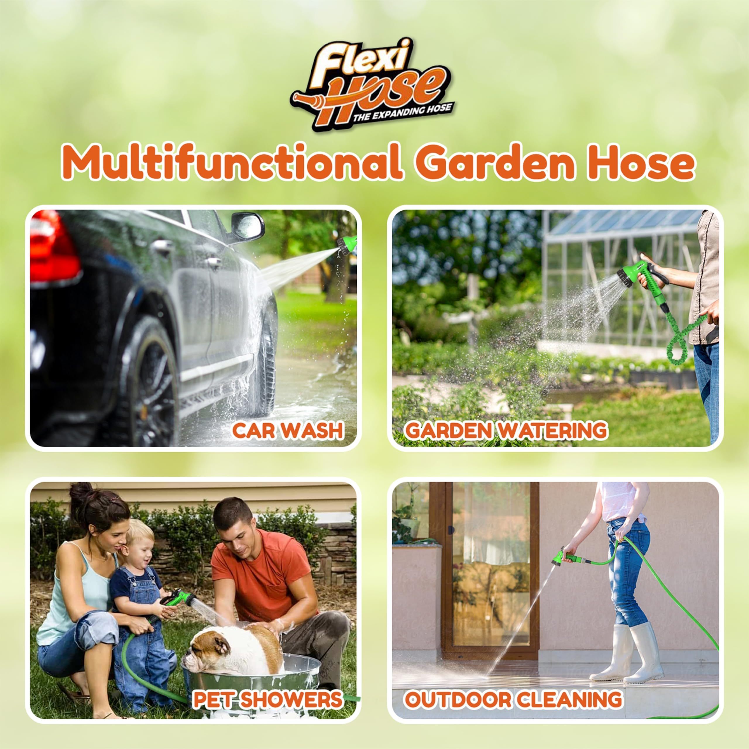 Flexi Hose 30 m erweiterbarer Gartenschlauch, einziehbarer Wasserschlauch, Grün | Inklusive Sprühdüse mit mehreren Funktionen, perfekt für Gartenbewässerung, Rasenpflege, Autowäsche und Außenreinigung