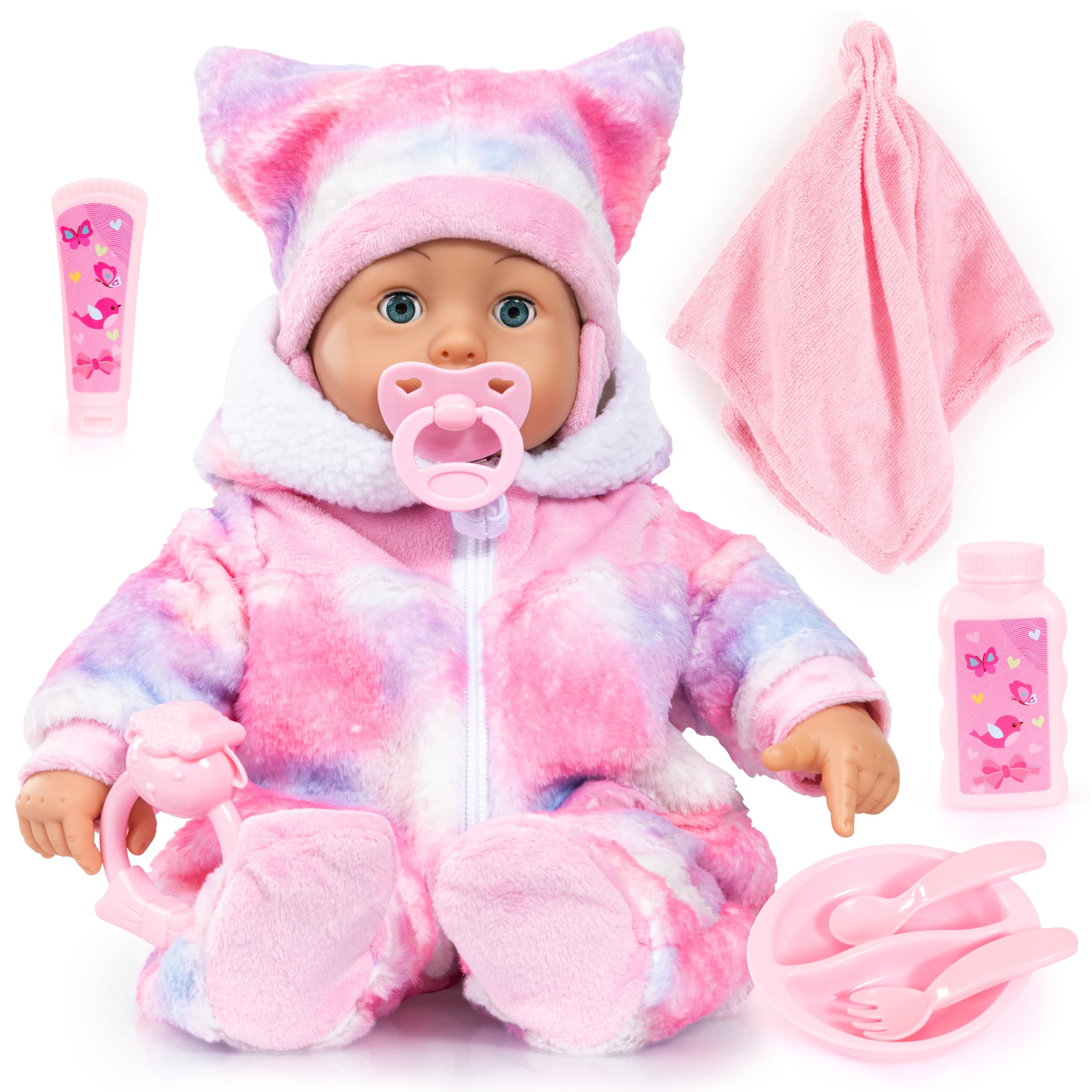 Bayer Design Bambolina Babypuppe interaktiv, Spielpuppe sprechend | 24 Babylaute, Schlafaugen, weicher Körper, 46 cm, mit viel Zubehör