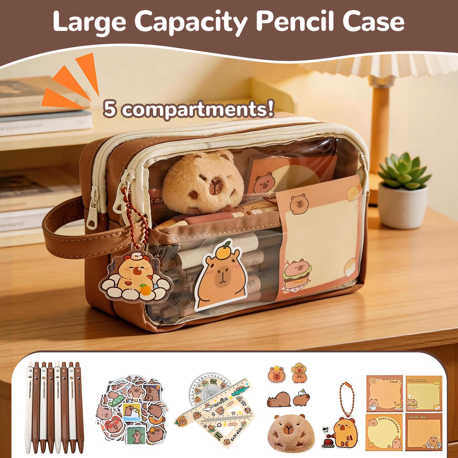 Trousse Capybara Kawaii Ensemble Papeterie avec Stylo Règle Autocollants Pins Porte-clés Blocs-Notes Grande Capacité Bureau École
