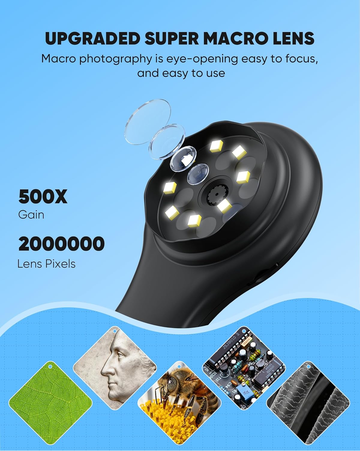 Microscope for Kids - Mini Pocket Digital Kids Microscope, Portable Handheld USB 500X Magnifying Glass, 4X Zoom, Christmas Birthday Gifts for Boys Girls Aged 3-12