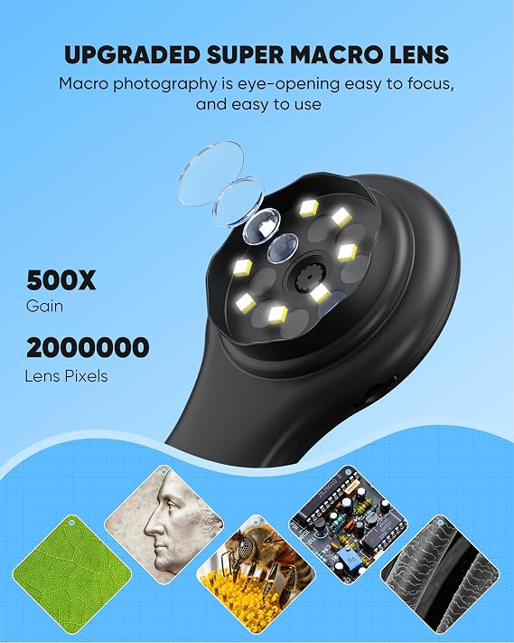 Microscope for Kids - Mini Pocket Digital Kids Microscope, Portable Handheld USB 500X Magnifying Glass, 4X Zoom, Christmas Birthday Gifts for Boys Girls Aged 3-12