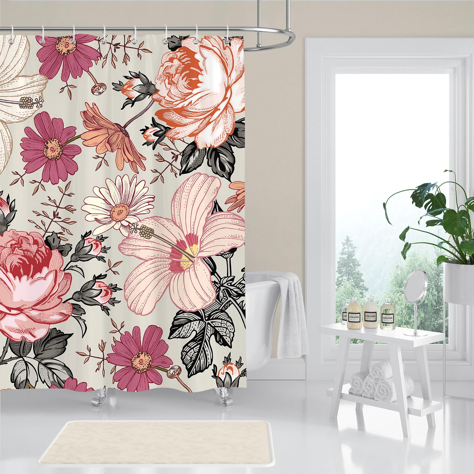 BREASOME Rose Floral Shower Curtain 180 x 180 cm for Bathroom Decor Mould Proof Waterproof Polyester Fabric Bath Curtain with 12 Hooks - Image 4