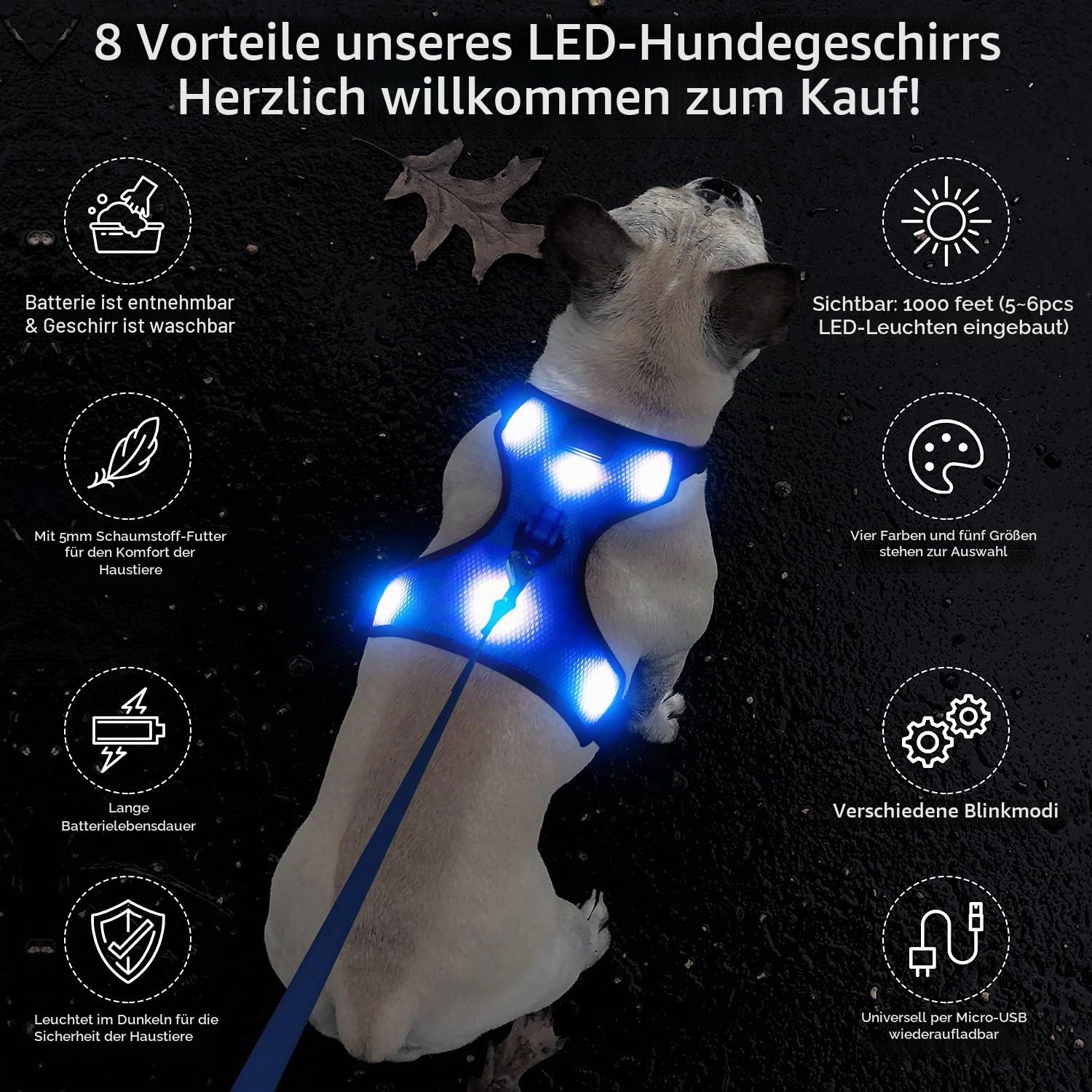 YFbrite Leuchtendes Hundegeschirr, über USB wiederaufladbar, LED-Haustiergeschirr, blinkend, Nachtsichtbarkeit, verstellbar, reflektierend, leuchtet im Dunkeln für Sicherheit, leuchtet im Dunkeln