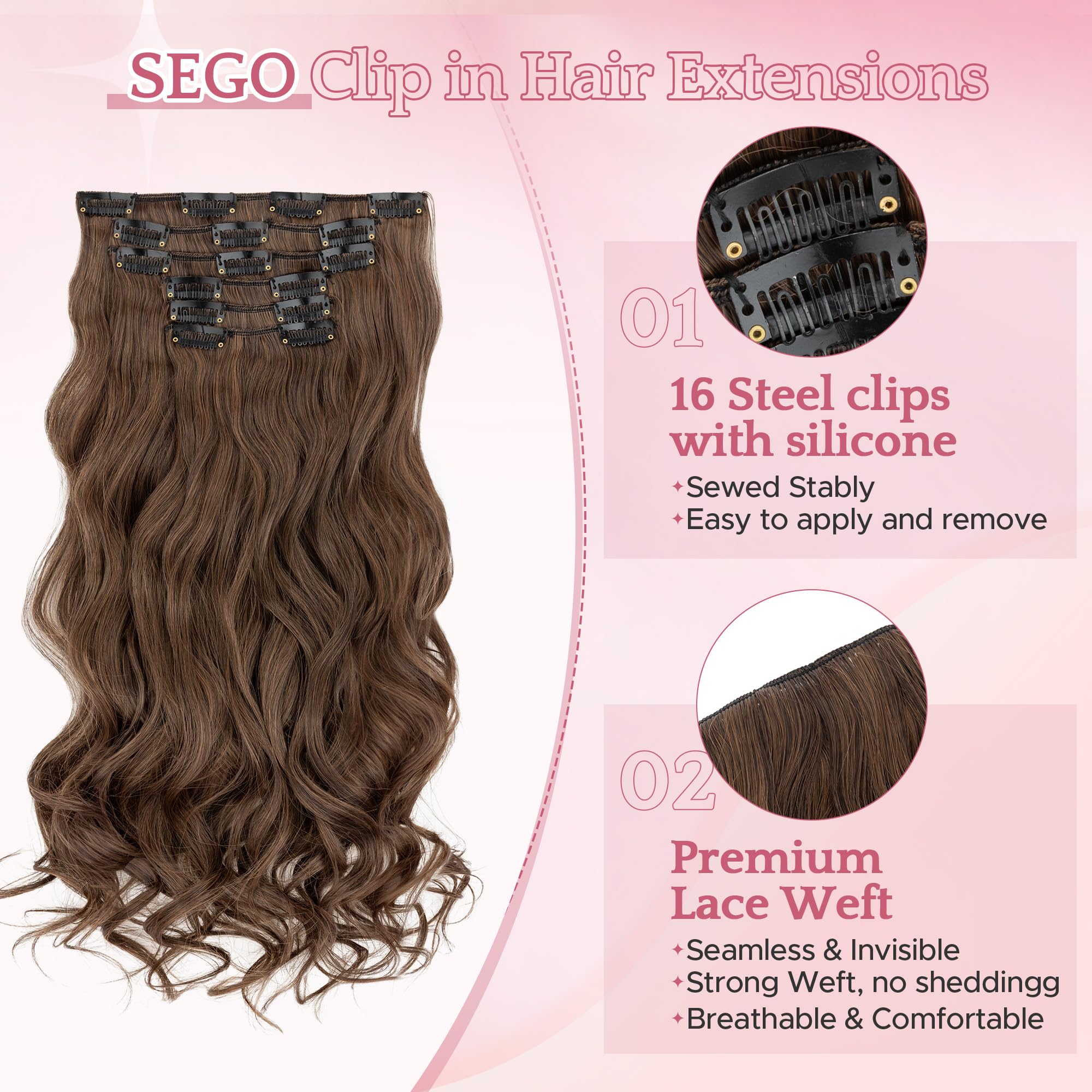 SEGO Clip In Hair Extensions 22 Inch 6PCS Thick Clip In Hair Hairpieces 150g Long Wavy Hair Extension Synthetic Full Head for Women Medium Brown - Image 2