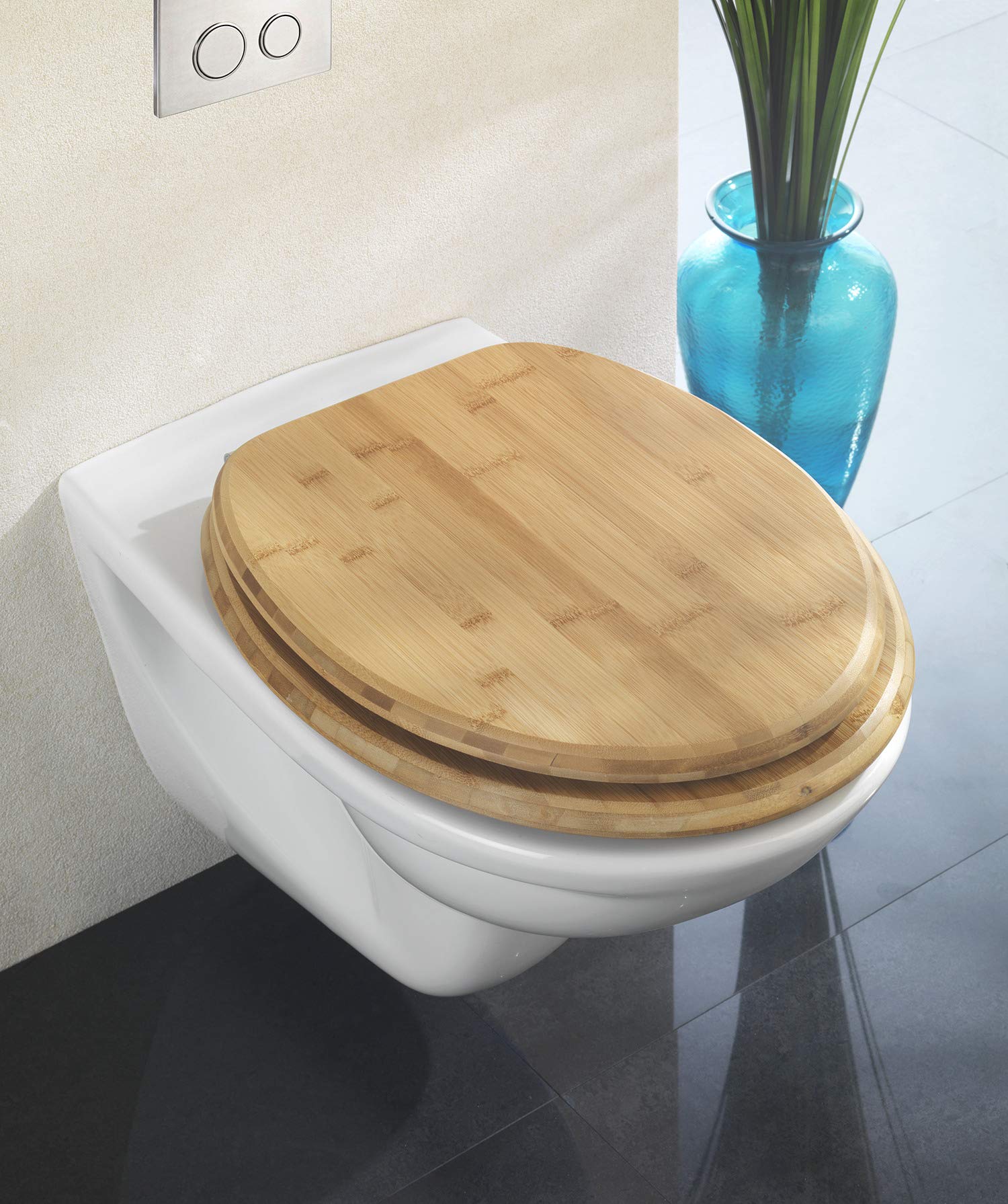 WENKO Toilettendeckel ohne Absenkautomatik, belastbar bis 350 kg, ovaler WC  Sitz aus lackiertem Bambus, feuchtigkeitsresistent, Klodeckel mit ...