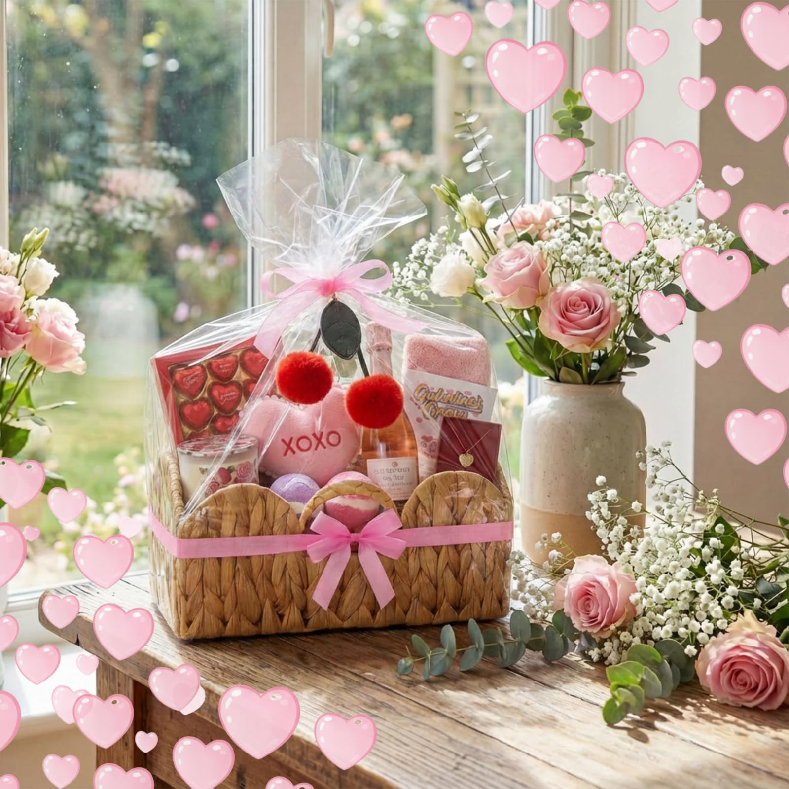 FoldTier 5 piccoli cesti regalo vuoti in tessuto con sacchetti regalo e nastri, ciondolo in rafia a forma di ciliegia, 28 x 28 x 13 cm, cestino portaoggetti per San Valentino, galentino, compleanno