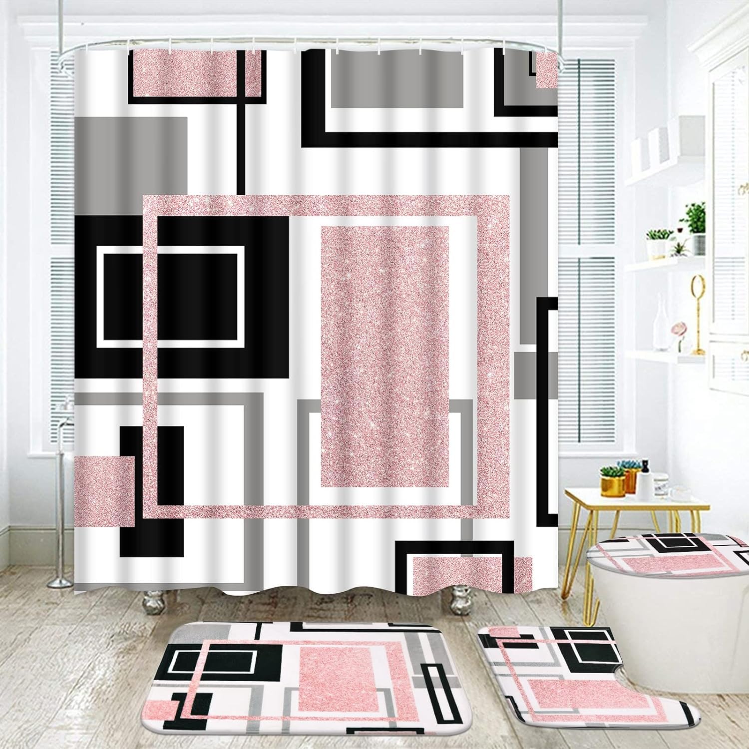 Geometrisches Duschvorhang-Set mit rutschfesten Teppichen und Badematte, abstraktes Kunst-Design, wasserdichte Vorhänge, moderne Badezimmer-Dekoration, 4-teilig, Rosa