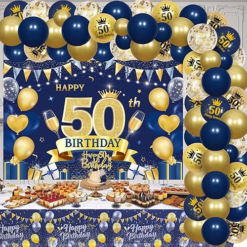 Miniatura 2 de Decoraciones de cumpleaños número 50 para hombres y mujeres, kit de arco de globos azul marino y dorado con fondo de feliz cumpleaños 50, mantel