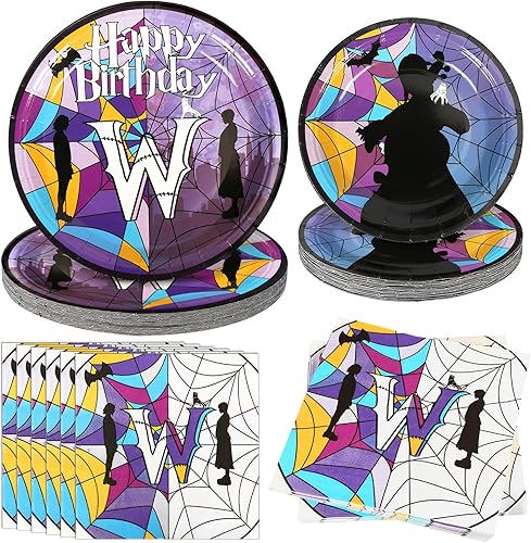 MEZOOM Juego de vajilla con temática de Adams de 72 piezas de 7 y 9 pulgadas, platos de papel de los miércoles Adams, juego de vajilla desechable