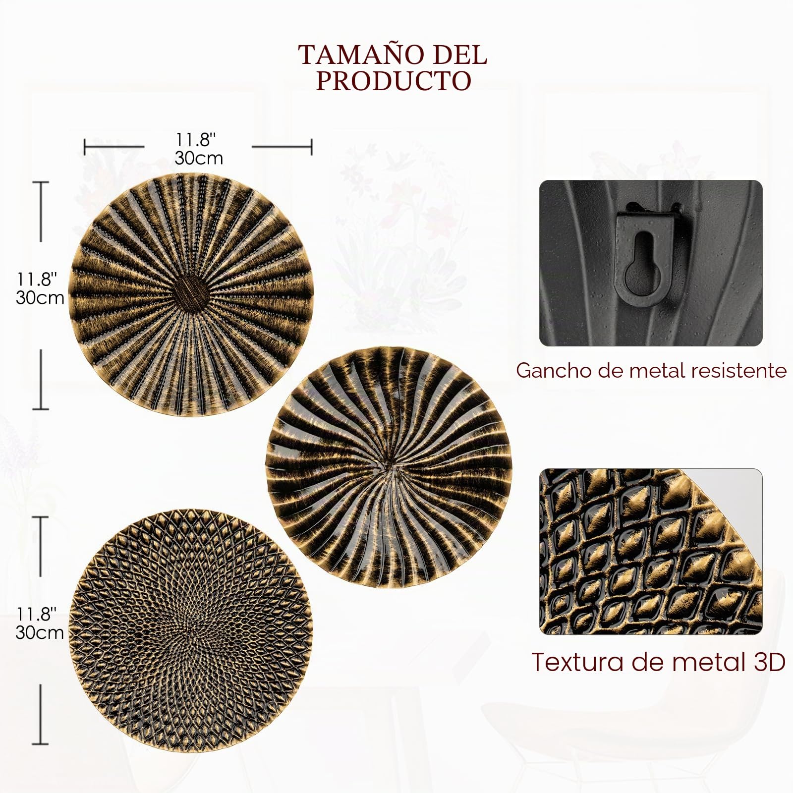 Set de 3 esculturas de pared de estilo boho doradas, decoración redonda de pared, adorno de metal para la pared, decoraciones 3D de metal, imágenes de arte moderno para casa, sala de estar, comedor