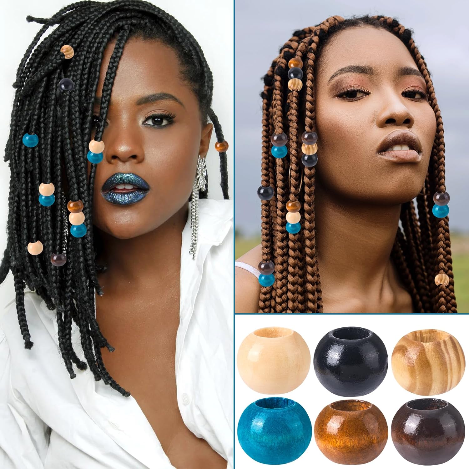 60pcs Large Hole Wooden Beads for Crafts, Vintage Natural Wood Macrame Beads, Round Loose Spacer Hair Accessories for Macrame DIY Keychains Necklaces Braids- 6 Colors - Image 4