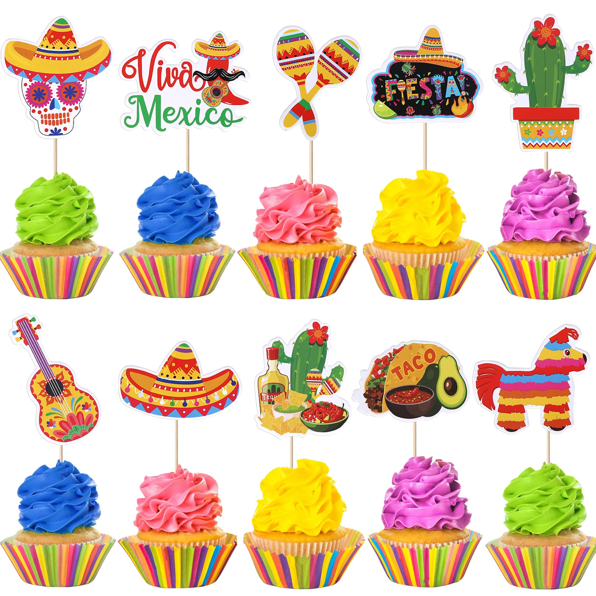 60 Pcs Fiesta Cupcake Toppers - Cinco De Mayo Cake Decorations, Mexican Theme Party Supplies