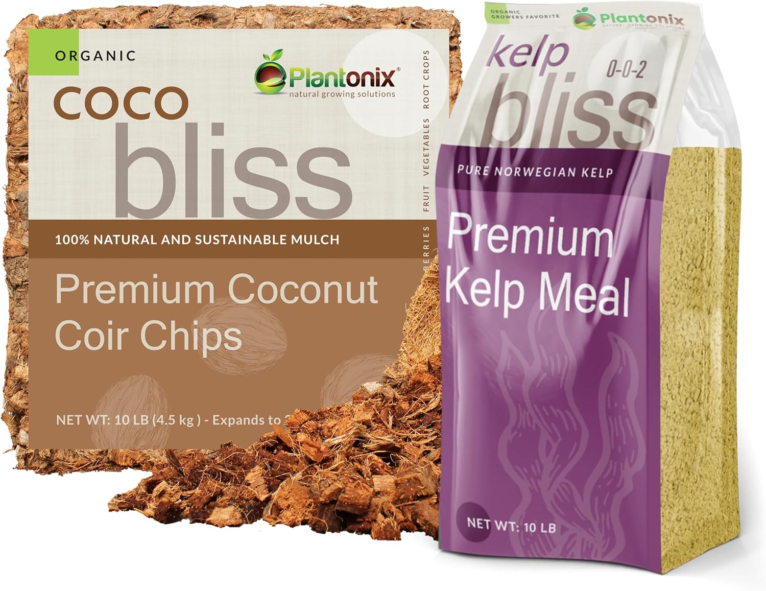 Coco Chips (10lbs) + Kelp Bliss (10lbs) - Coconut Husk Chips for Plants & Kelp Meal Fertilizer - Coco Coir Chips - Kelp Fertilizer for Plants - 100% Natural Plant Food - Garden Soil & Potting Soil Mix