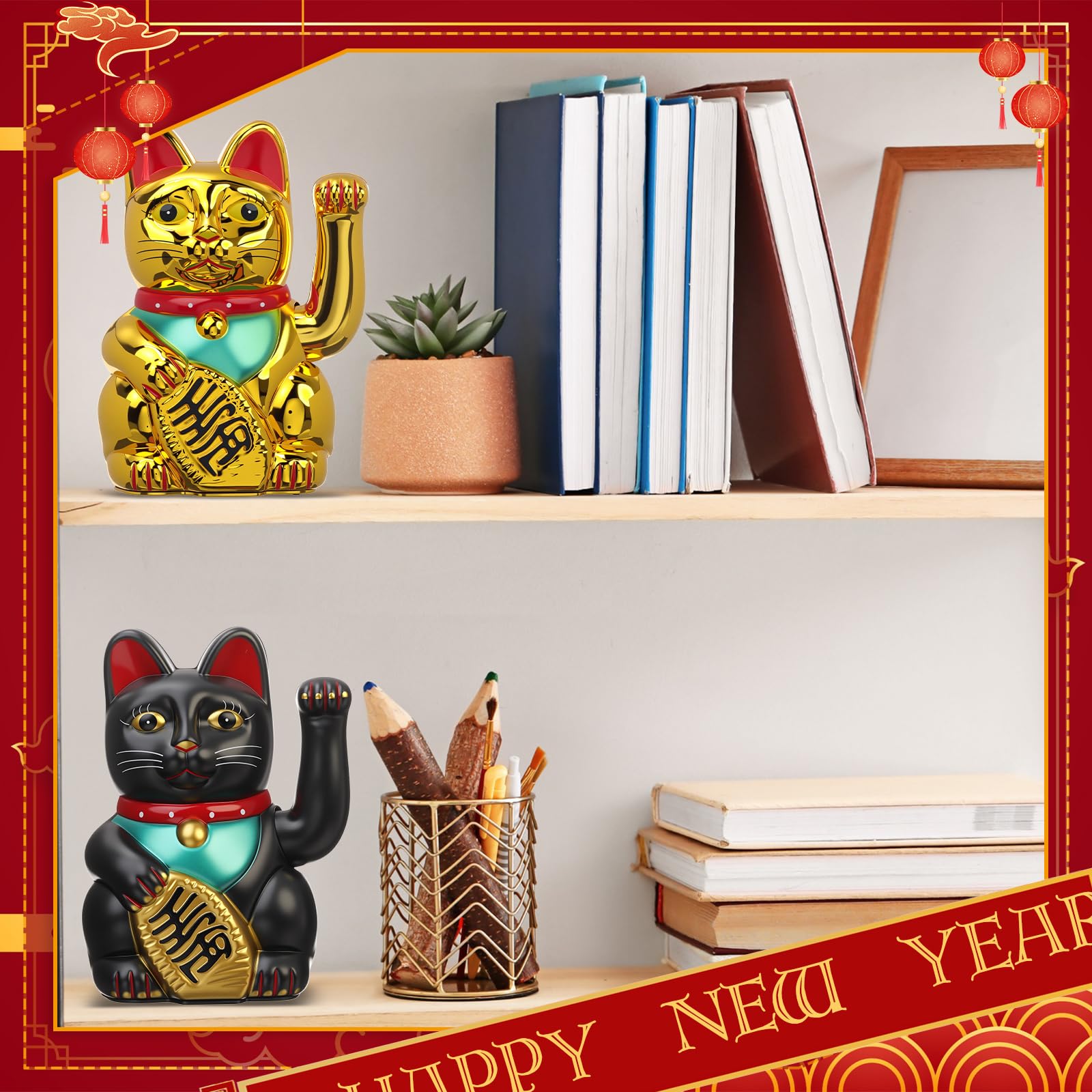 2 piezas de 7 pulgadas de gato de la suerte agitando brazo Maneki Neko Lucky Fortune Cat Fengshui decoración acogedora para el hogar, oficina, restaurante, tienda, regalos, decoración, funciona