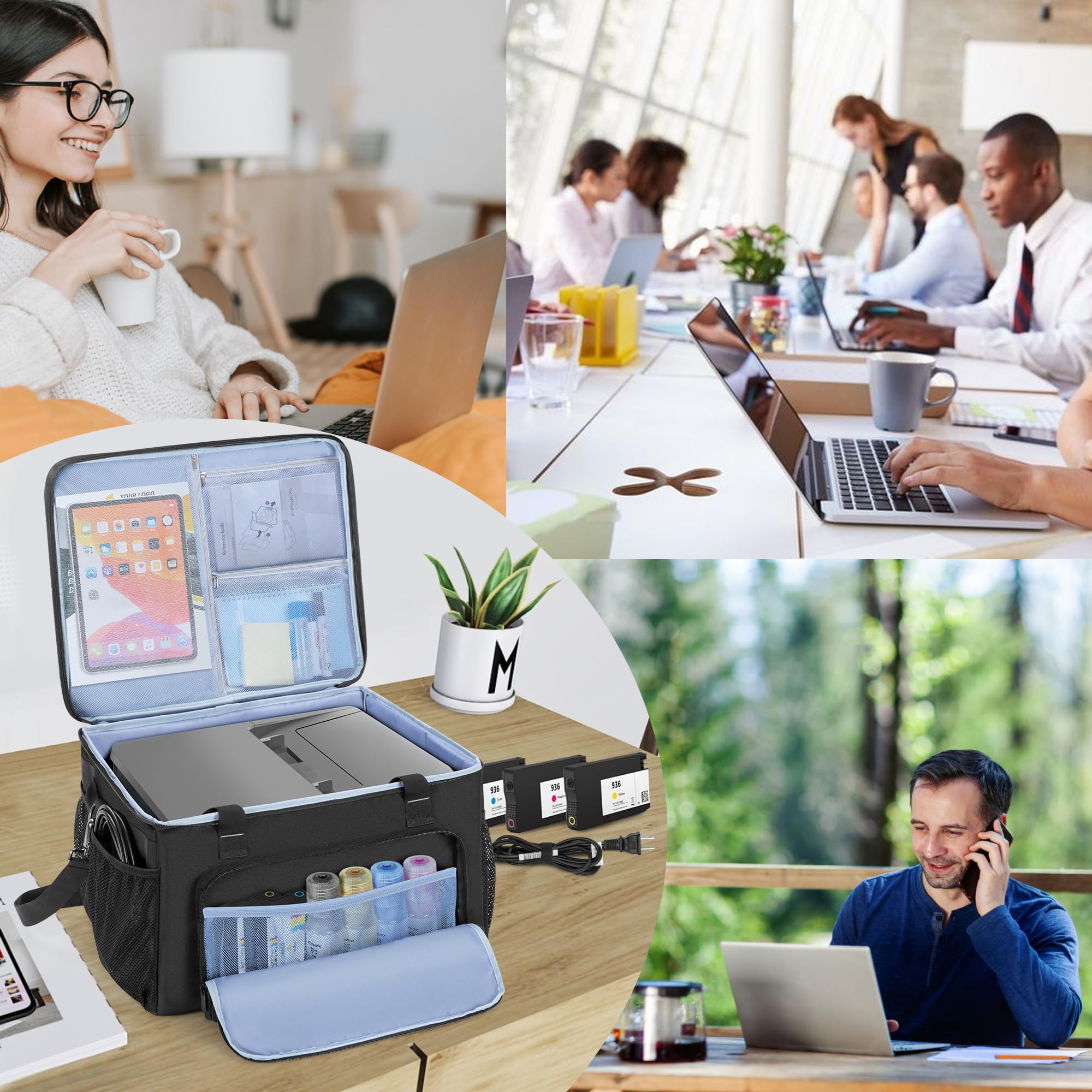 Yarwo Custodia Trasporto per Stampante Compatibile con HP OfficeJet Pro/DeskJet/Smart-Tank/Epson EcoTank, Borsa Rimboccata con Base Rigida & Divisori per Inchiostro, Carta & Articoli da Ufficio