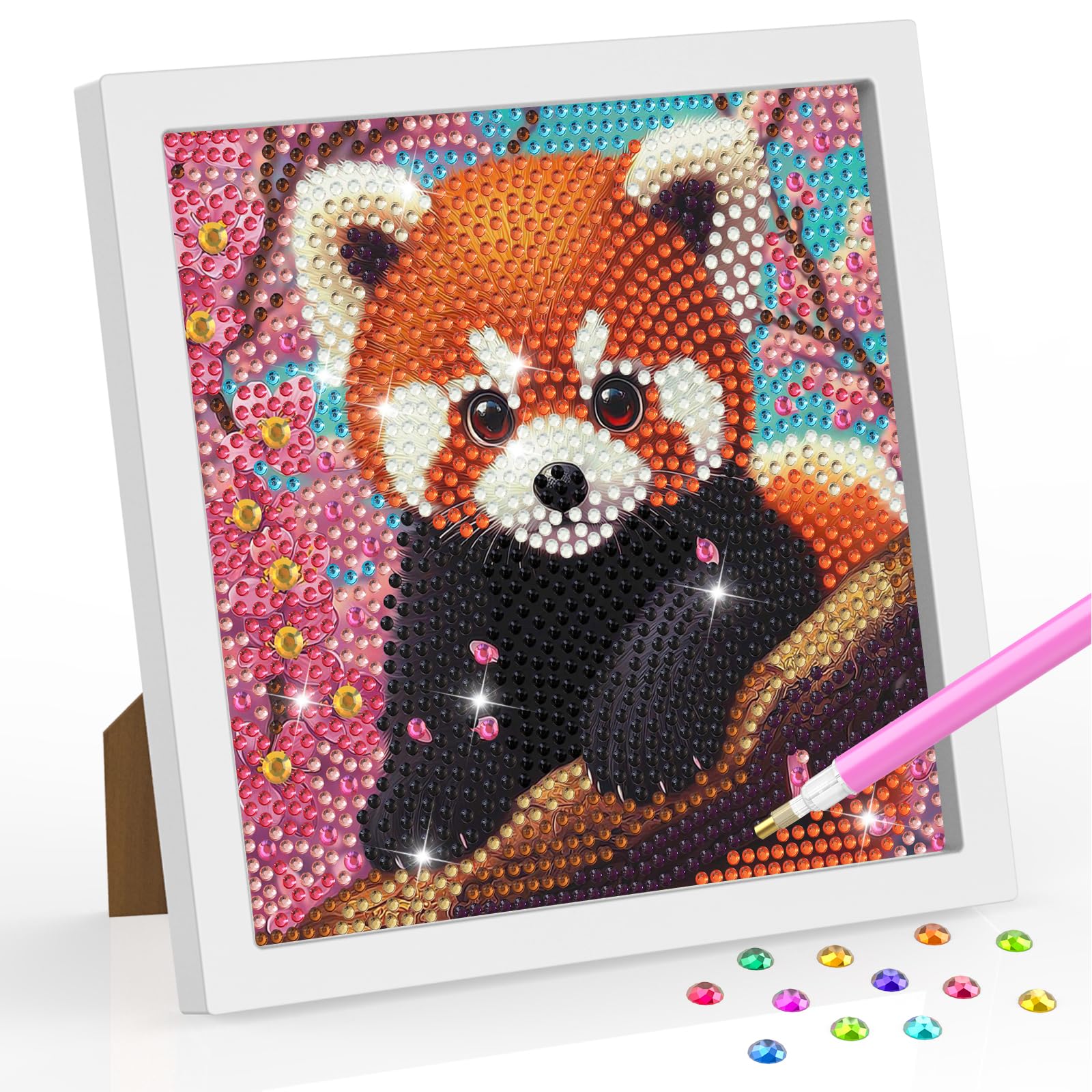 DOMROM Red Panda Diamond Art Painting Kits for Kids, Animal Diamond Art Kit with Frame for Adults Beginners, Flowers DIY Mosaic Gem Kits Ages 6-8-12 Art and Crafts for Gift Home Decor 7.1x7.1inch