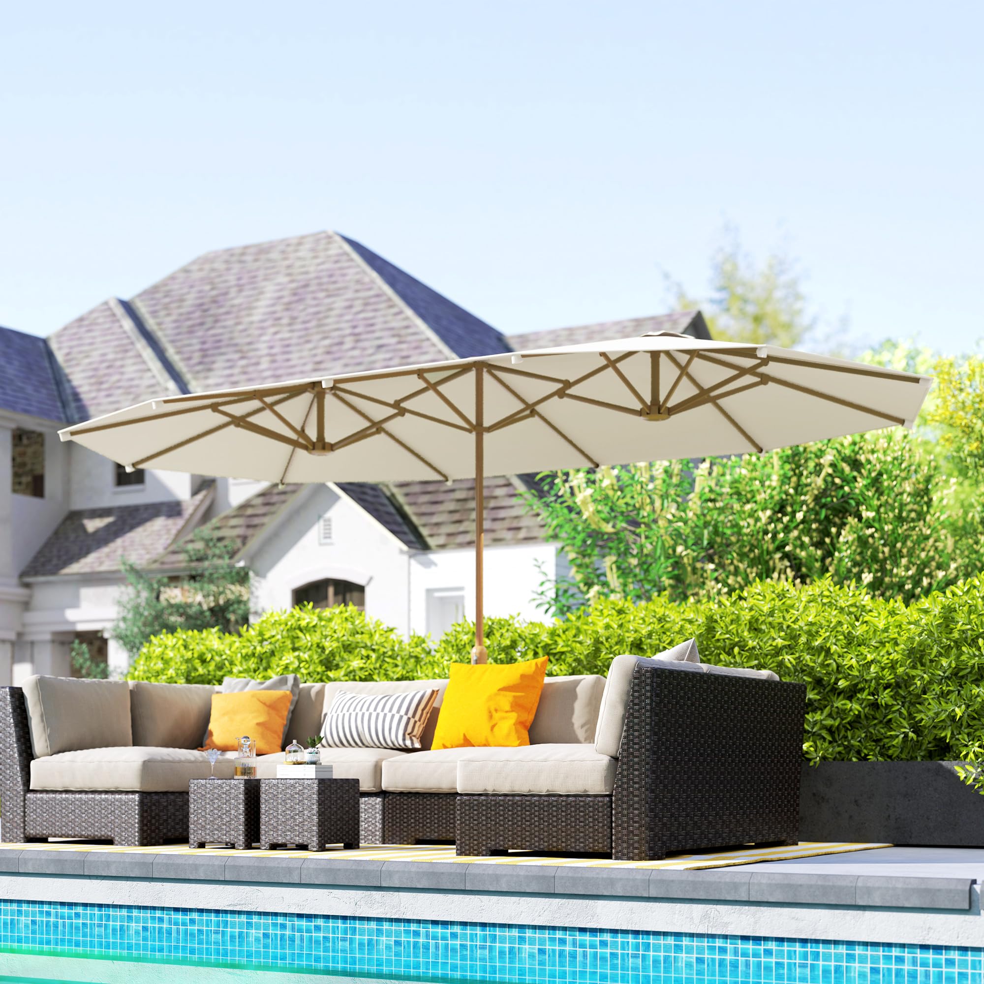 Outsunny Sombrilla Doble 4,6x2,7 m Sombrilla Terraza Exterior con Manivela Manual Resistente al Agua y Protección Solar Parasol Grande para Terraza Playa Piscina