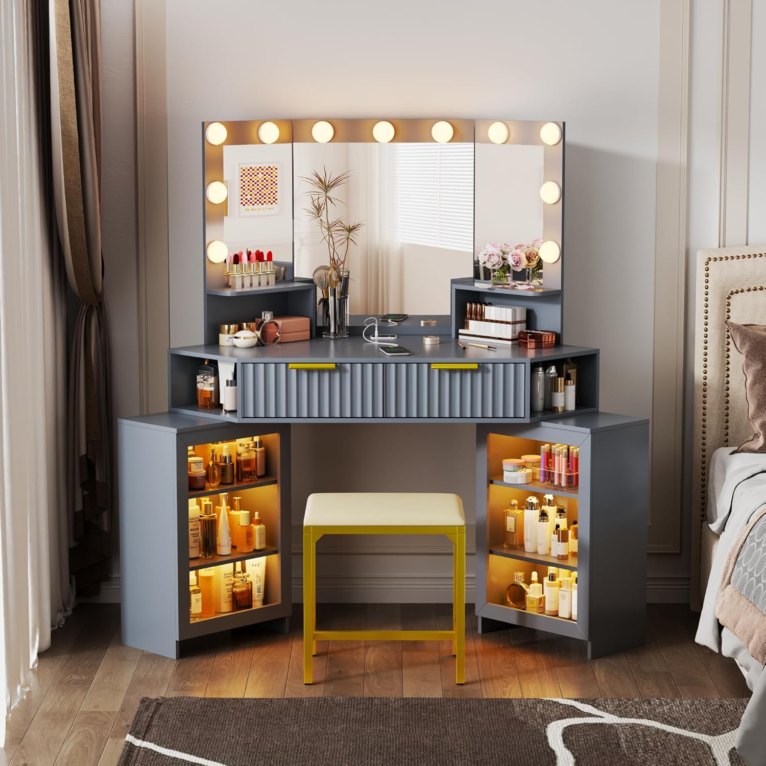 Vanity Desk with LED Lights Mirror & Power Outlet – Corner Design, Makeup Vanity Table Set with Storage Drawers & Chair, 3 Lighting Modes for Living Room/Bedroom, Ideal for Gift (Gray)
