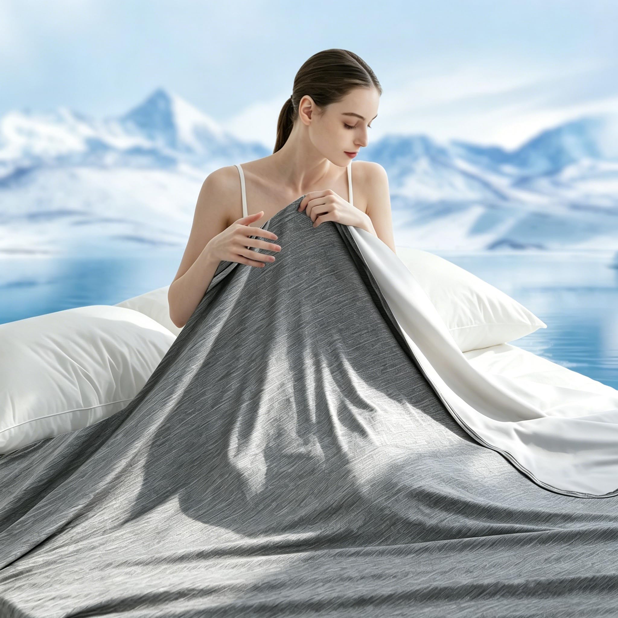 Kühldecke gegen Nachtschweiß (Q-Max >0,4) – 2-in-1 Kühlende Decke ohne Bezug & Leichte Sommerdecke – Nahtlose Eisseide Decke für Dachgeschosswohnung & Sofa (150x200 cm)