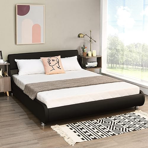 Giantex Base de cama tapizada con cabecera ajustable, plataforma de piel sintética, base de cama curva de perfil bajo, base de cama con soporte de
